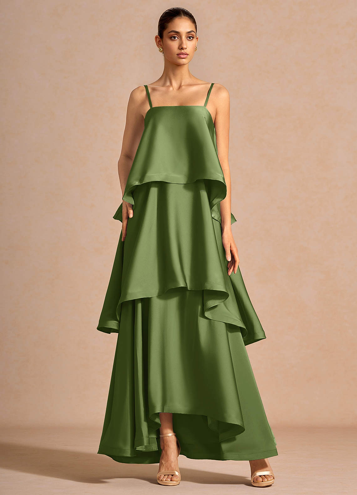 Itasca A-Line Tiered Stretch Satin Wedding Guest Dress in Olive Green