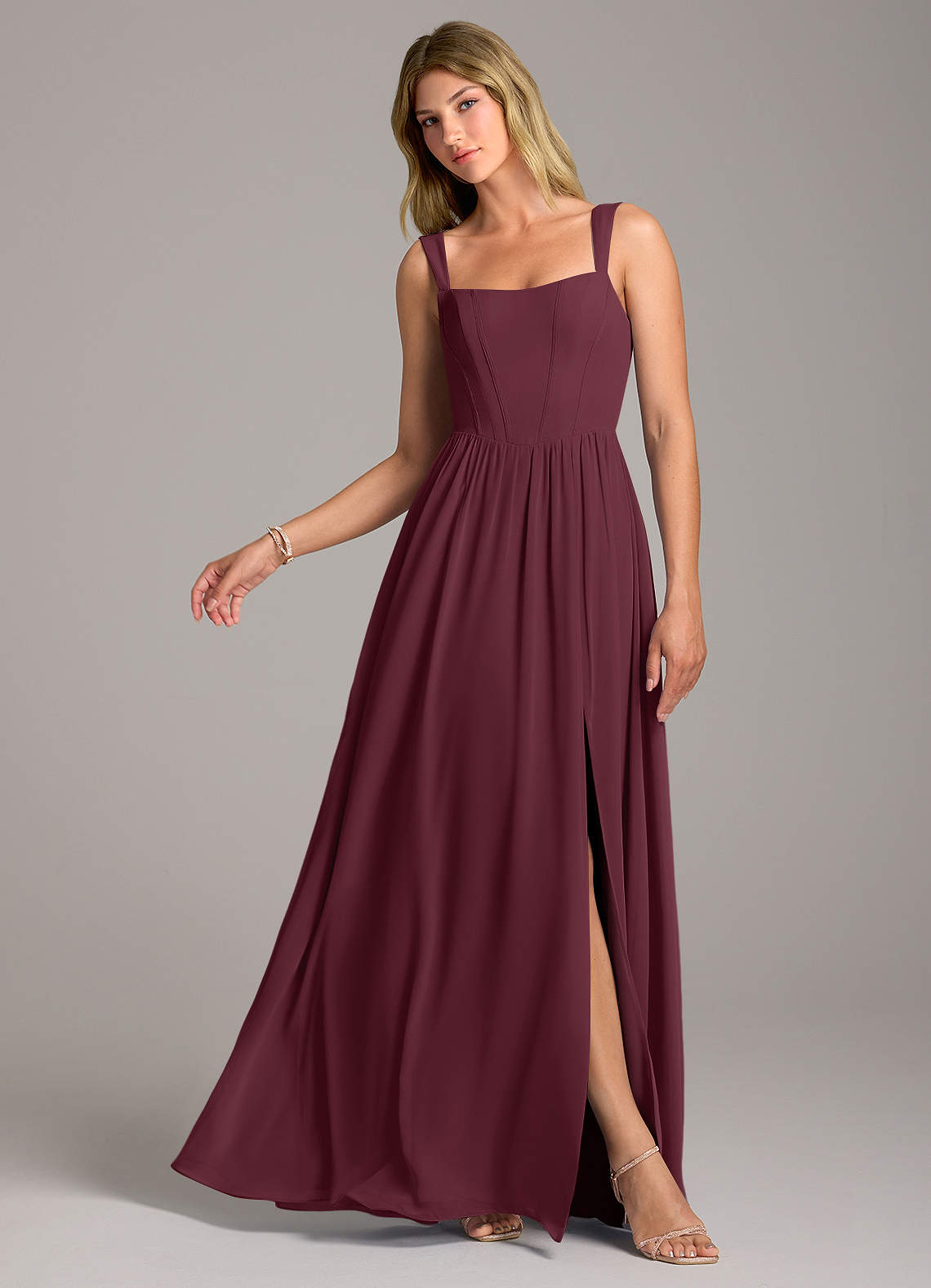 Rosaline A-Line Square-Neck Chiffon Bridesmaid Dress in Cabernet