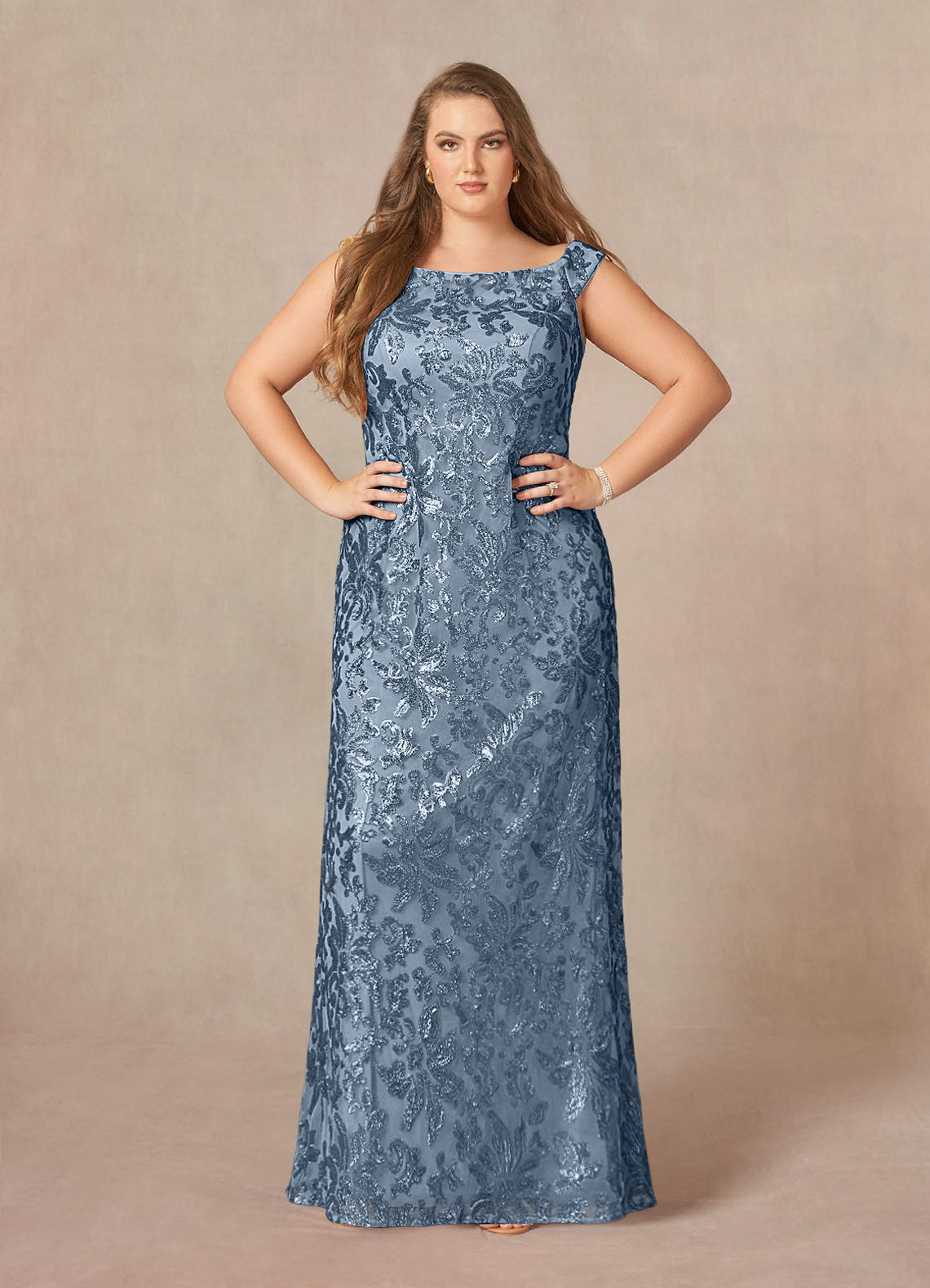 Porcelain A-Line Off-the-Shoulder Lace Mother of the Bride Dress