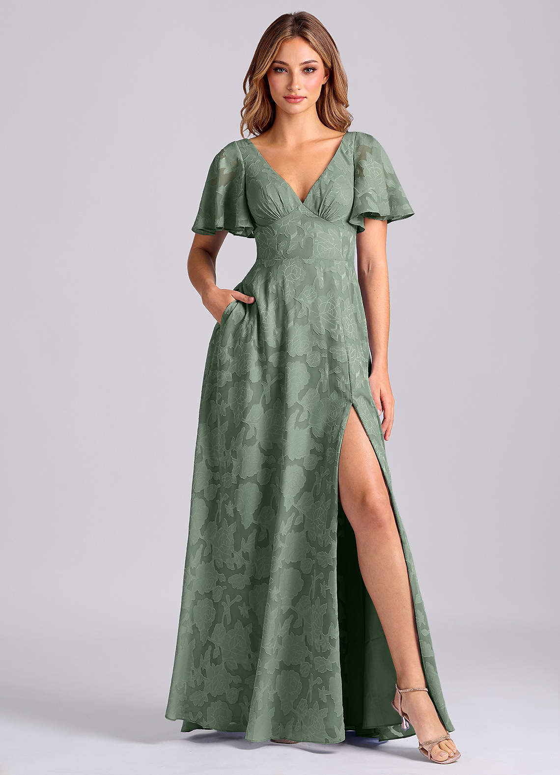 Kimber A-Line V-Neck Floral Burnout Bridesmaid Dress in Matcha