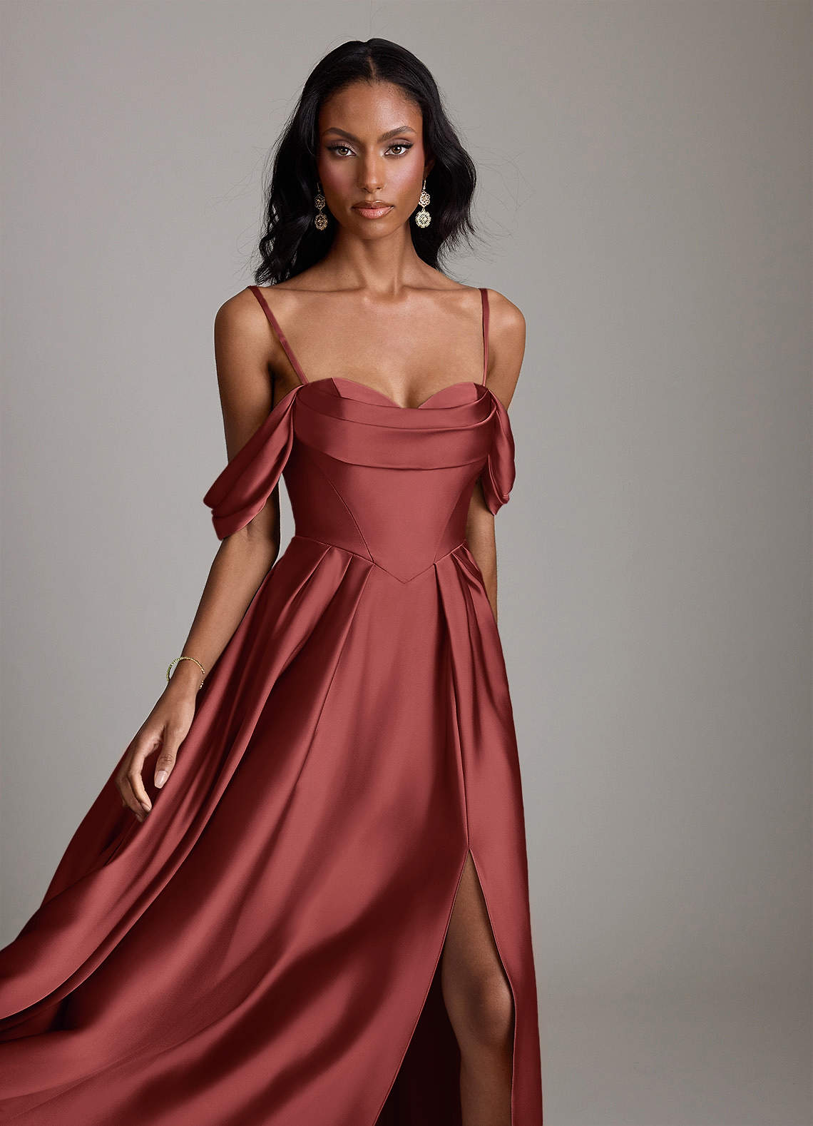 Loisa A-Line Off-the-Shoulder Stretch Satin Bridesmaid Dress in Terracotta