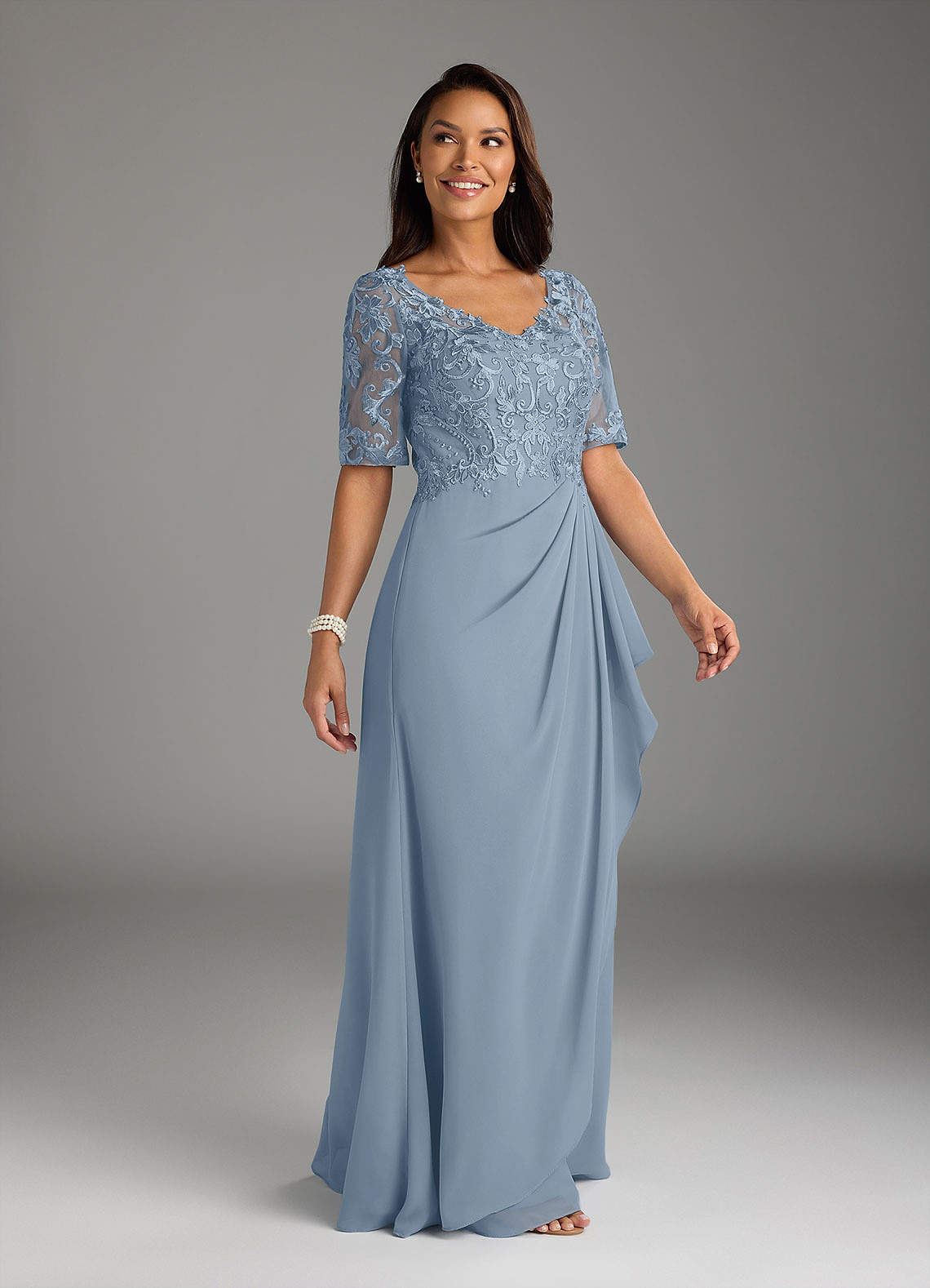 Amedeus A-Line V-Neck Chiffon and Lace Mother of the Bride Dress in dusty blue