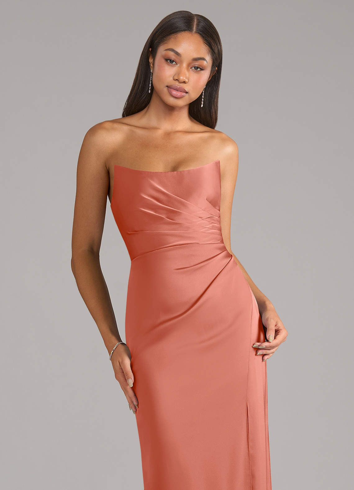 Marla Sheath Strapless Stretch Satin Bridesmaid Dress in Salmon Pink
