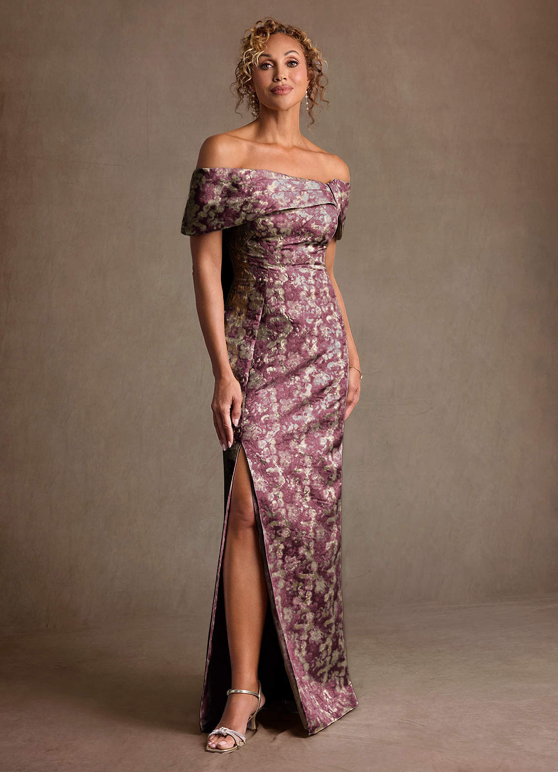 Zion Sheath Off-the-Shoulder Jacquard Mother of the Bride Dress in Cabernet