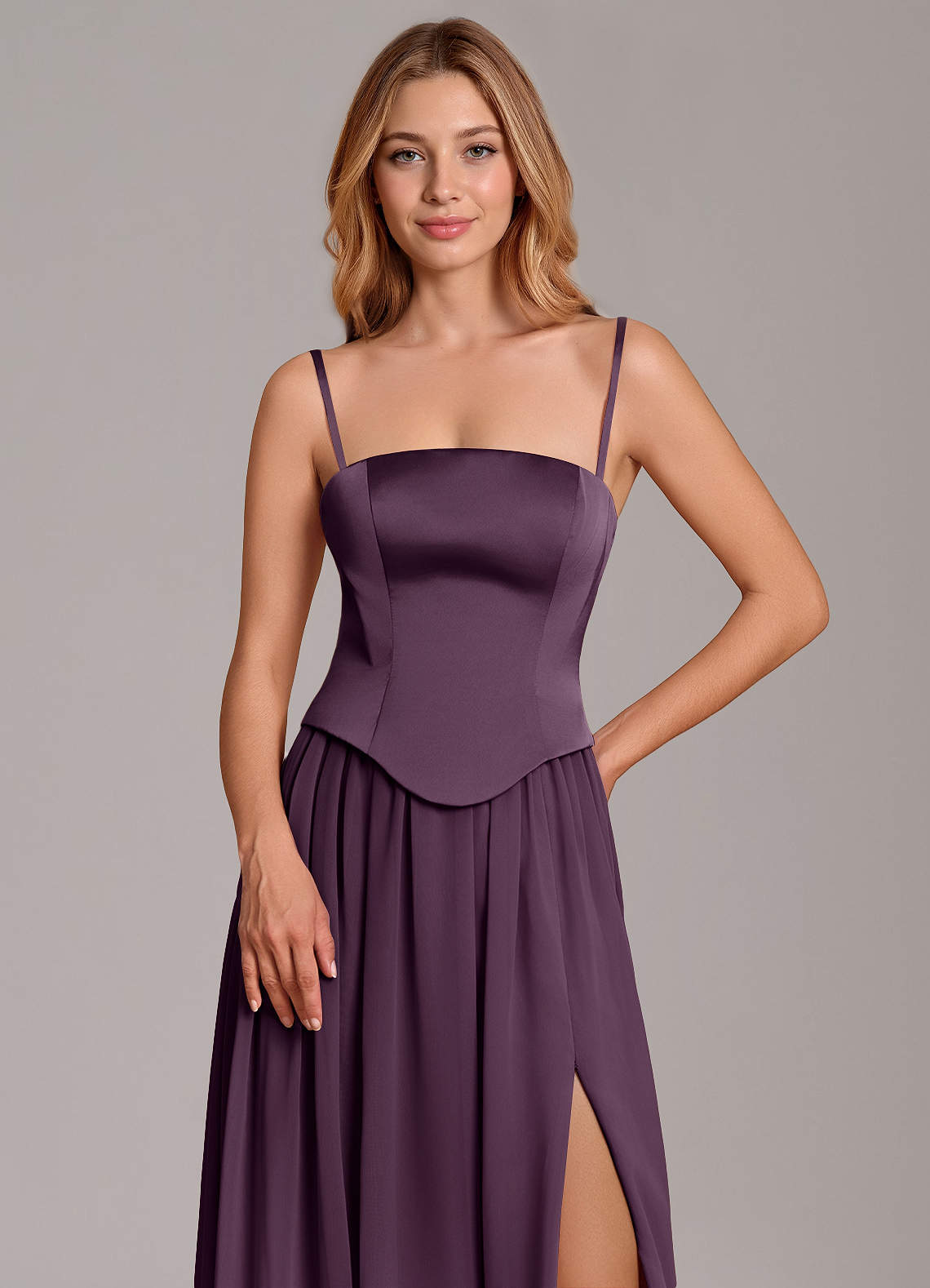 Cadence A-Line Strapless Chiffon and Stretch Satin Bridesmaid Dress in Plum