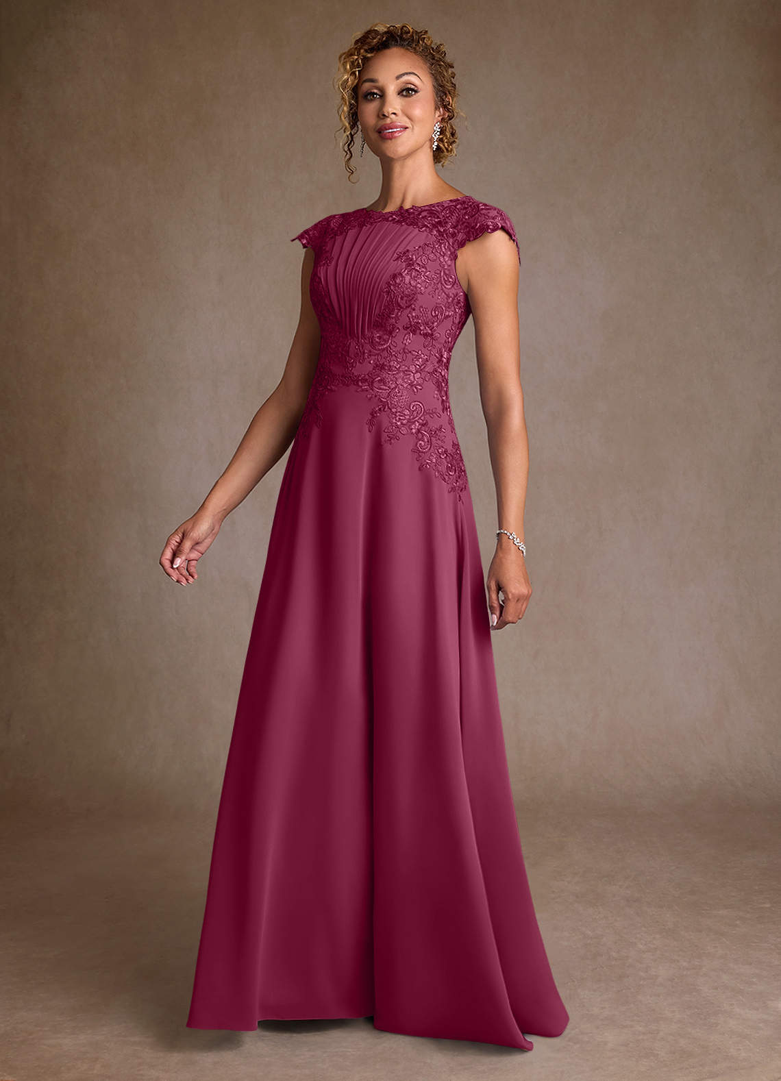 Christi A-Line Scoop-Neck Chiffon and Lace Mother of the Bride Dress in Mulberry