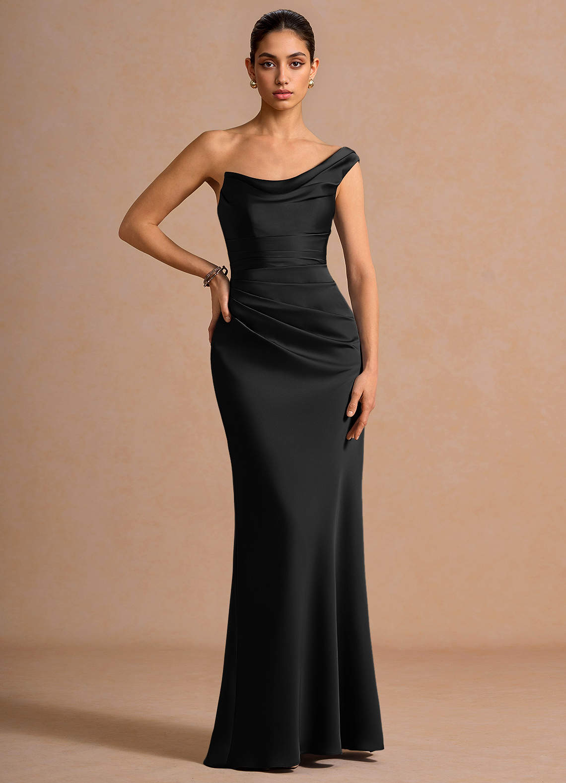 Cassiopeia One-Shoulder Draped Stretch Satin Evening Dress in black