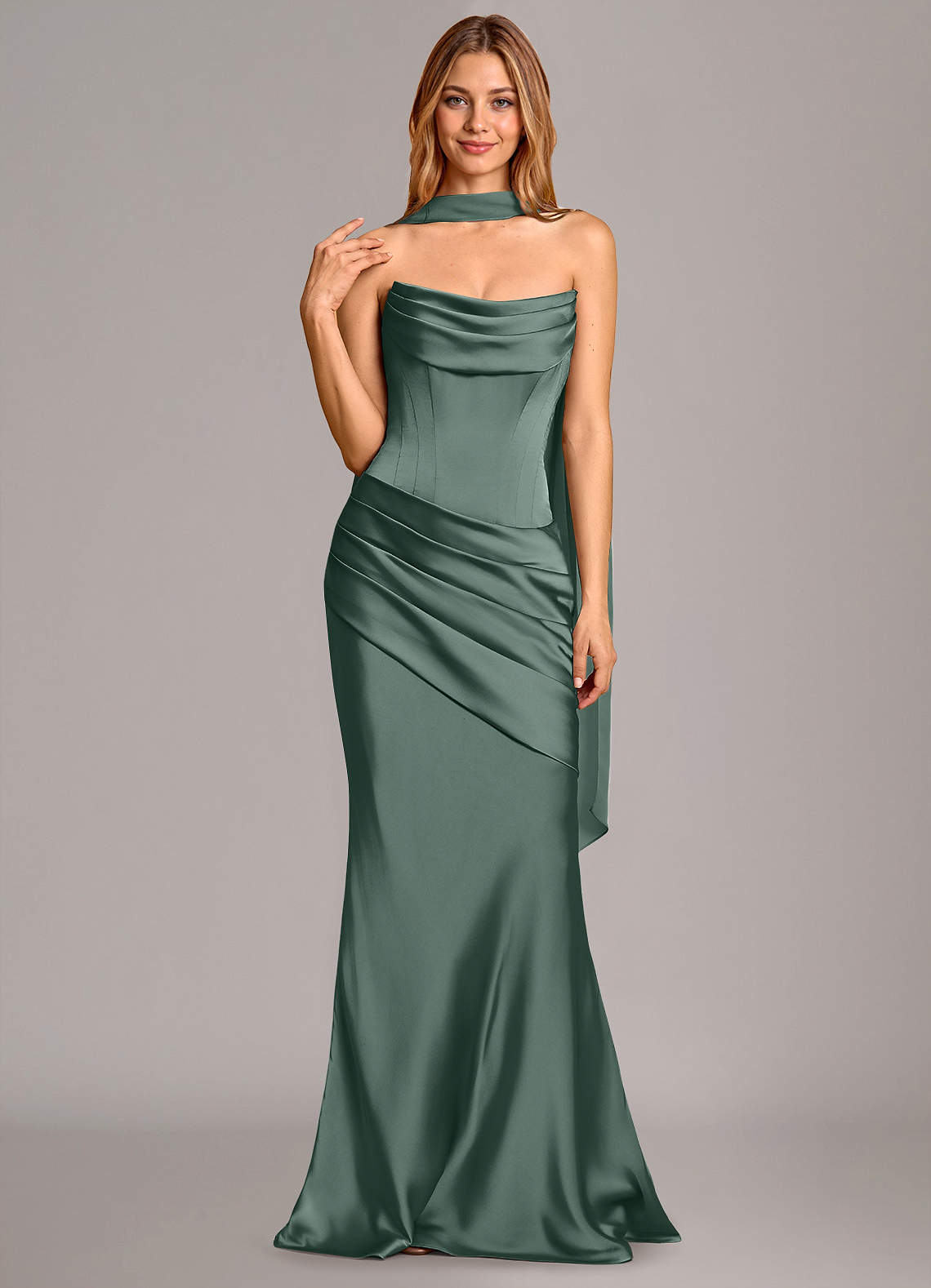 Pelagia Mermaid Cowl-Neck Stretch Satin Bridesmaid Dress in Sea Moss