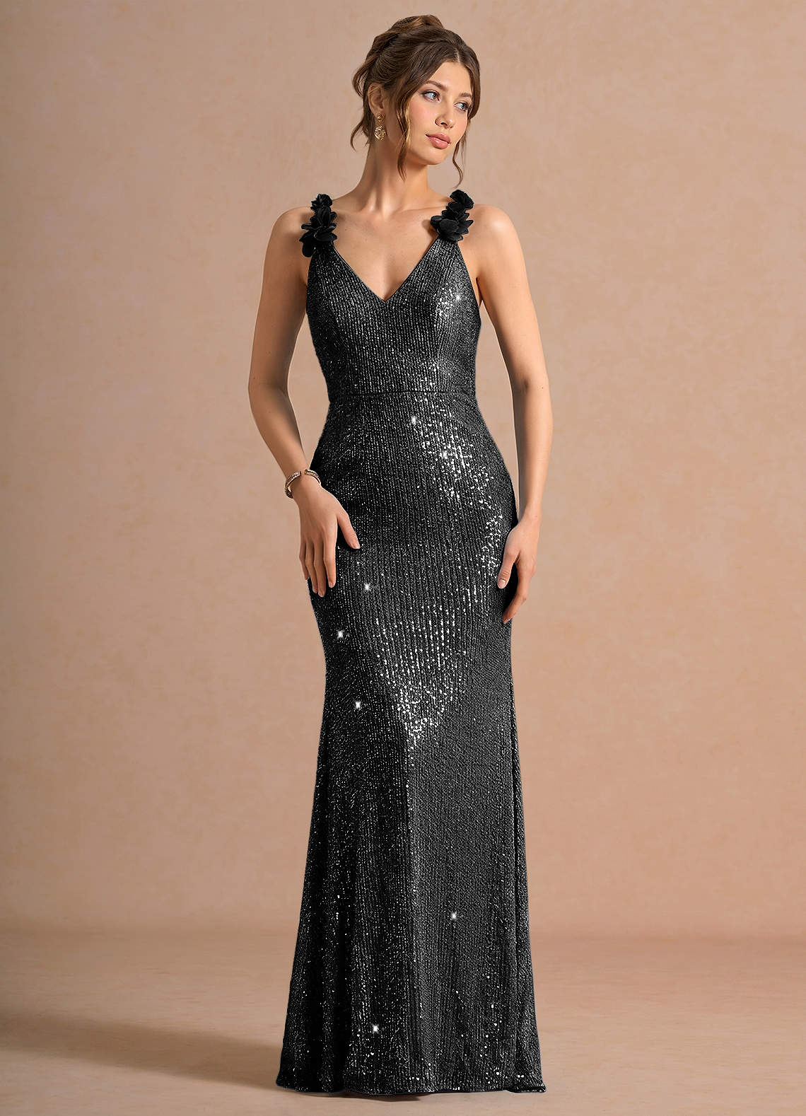 Selara Open-Back Floral Sequin Chiffon Evening Dress in Silver Black