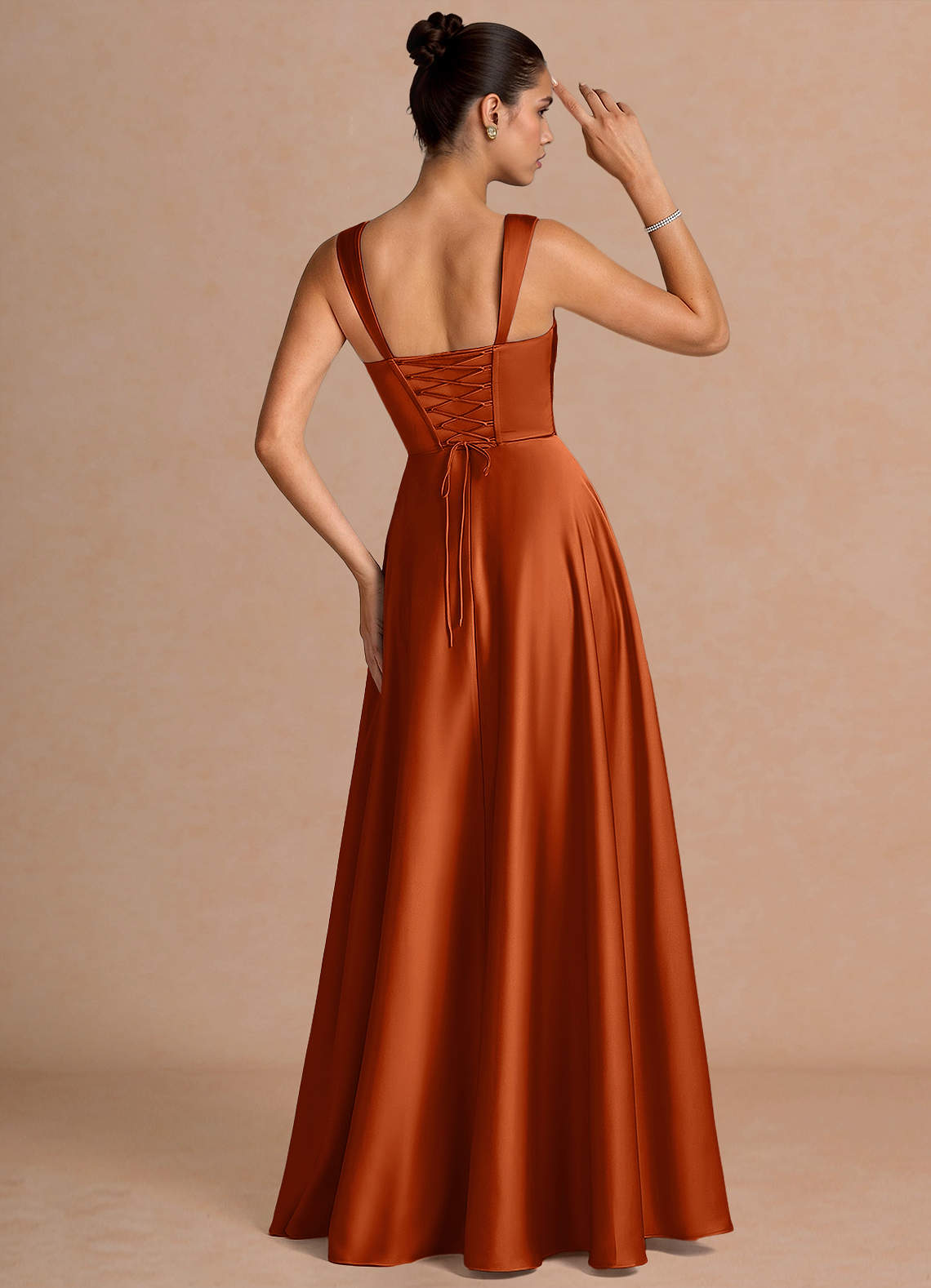 Azaria A-Line Square-Neck Stretch Satin Wedding Guest Dress in Rust
