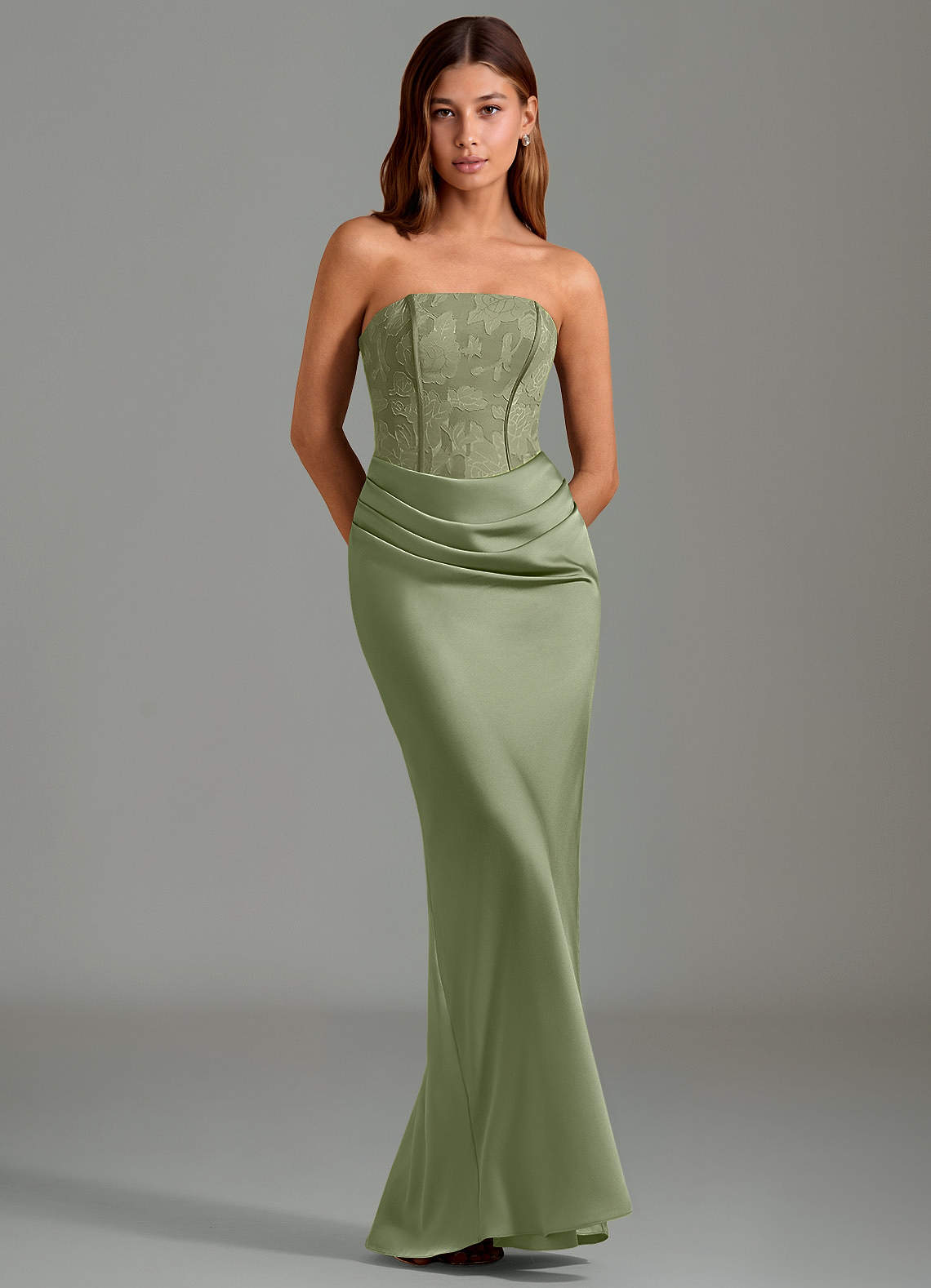 Emilia Mermaid Strapless Stretch Satin and Floral Burnout Bridesmaid Dress in Pistachio