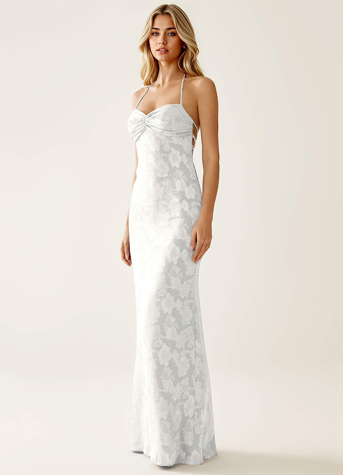 Angena Sheath Halter Floral Burnout Evening Dress in White