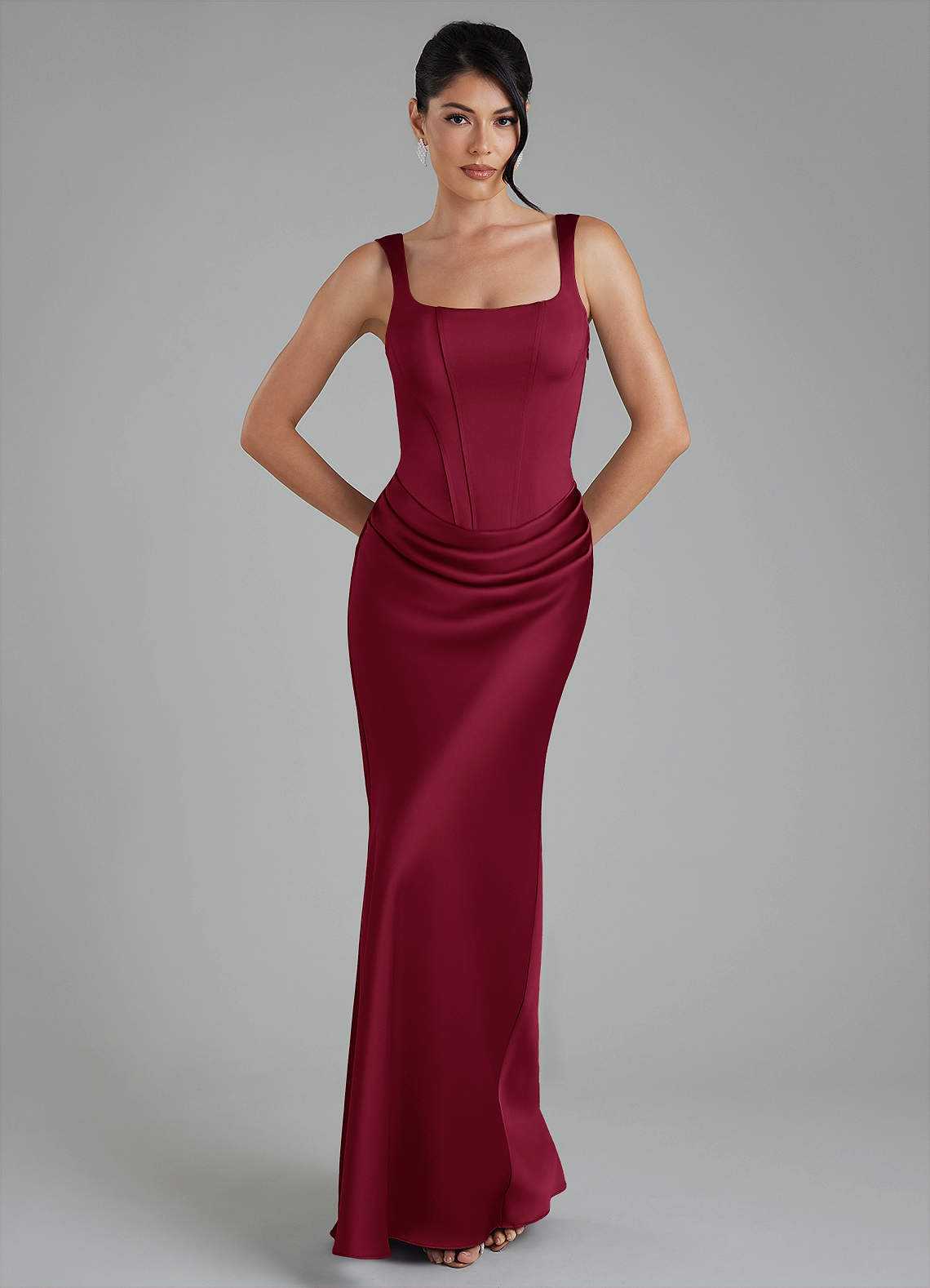 Etta Mermaid Square-Neck Stretch Satin Bridesmaid Dress in Burgundy