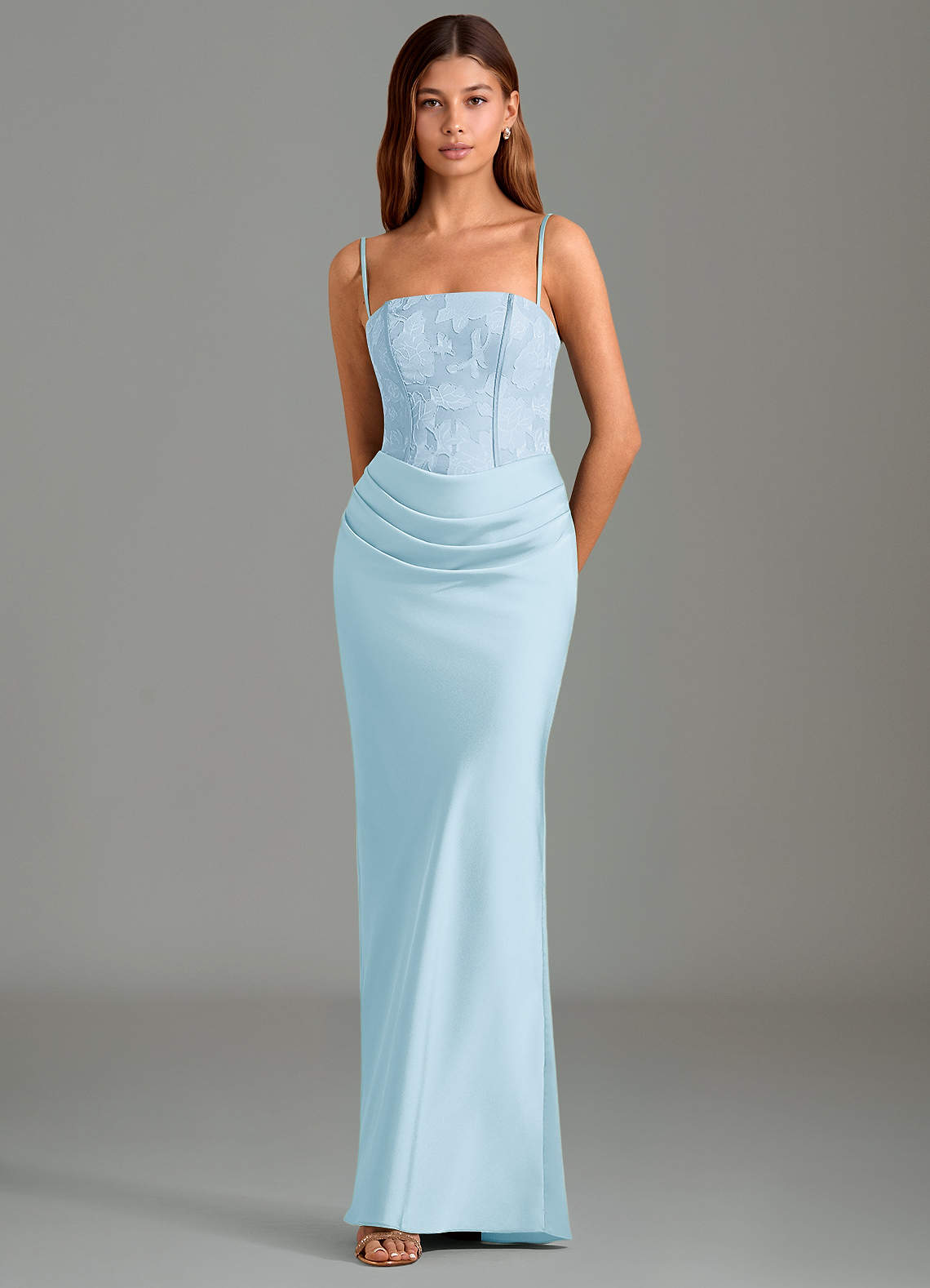 Emilia Mermaid Strapless Stretch Satin and Floral Burnout Bridesmaid Dress in Sky Blue