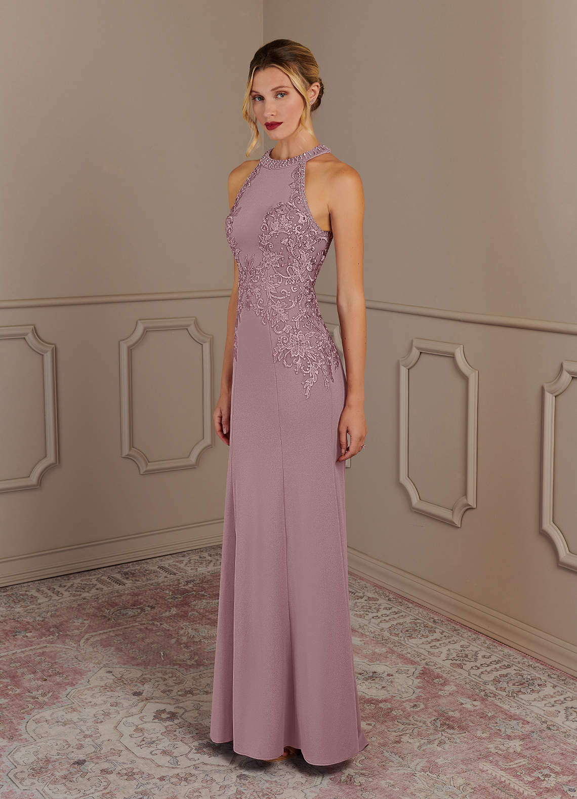 Tyra Mermaid Halter Tulle and Stretch Crepe Mother of the Bride Dress in Dusty Rose