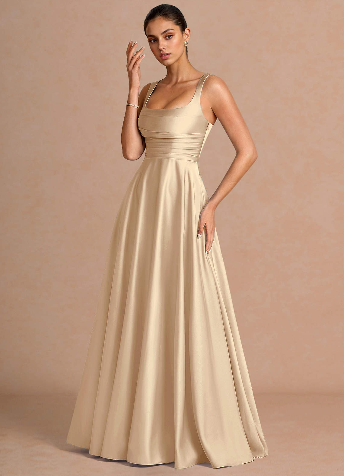 Azaria A-Line Square-Neck Stretch Satin Wedding Guest Dress in Haze blue