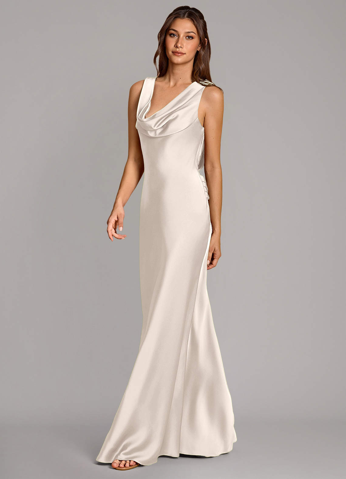 Cheryl Mermaid Cowl-Neck Stretch Satin Bridesmaid Dress in White Alabaster