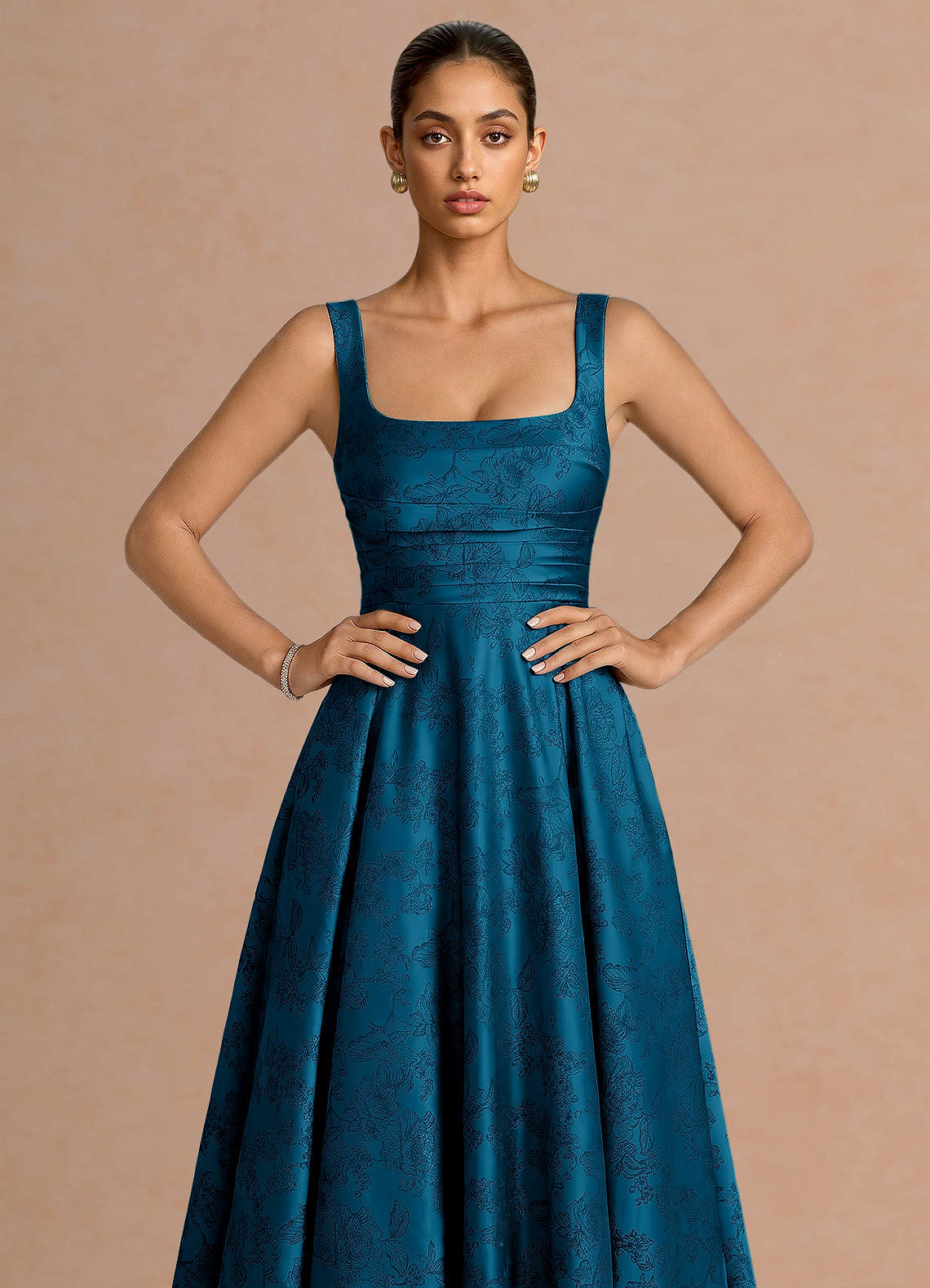 Azaria A-Line Square-Neck Jacquard Evening Dress in Navy Black