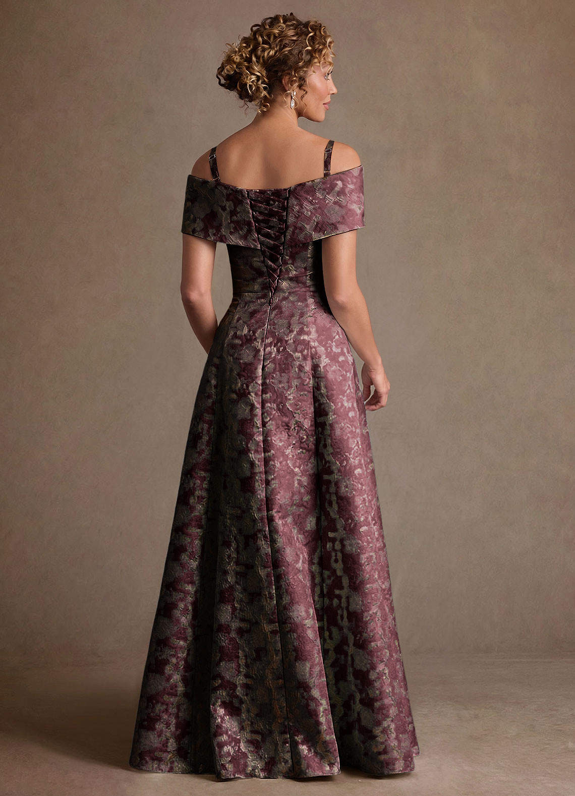 Harriett A-Line Off-the-Shoulder Jacquard Mother of the Bride Dress in Cabernet