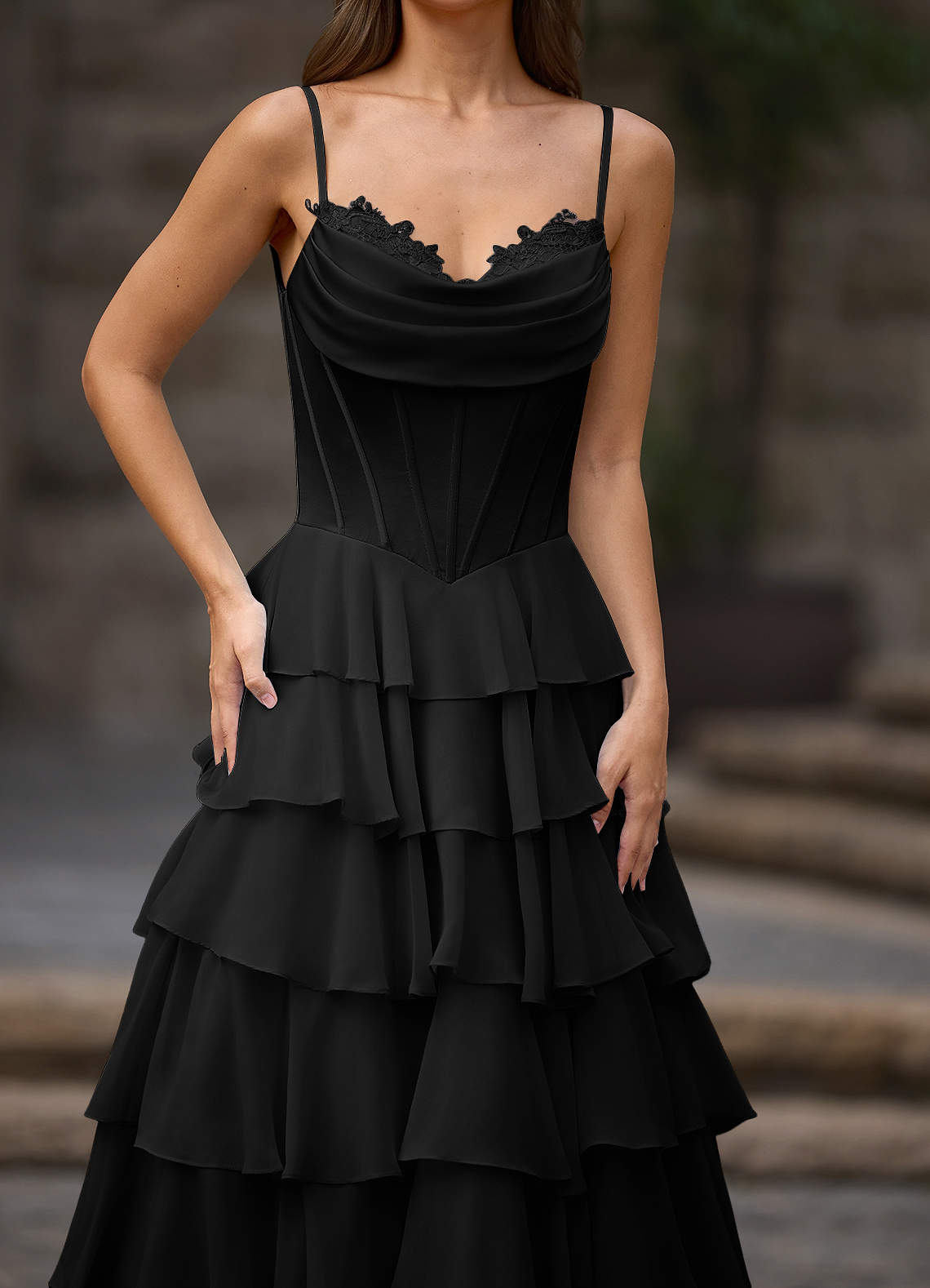 Floralace A-Line Ruffle Chiffon Evening Dress in black