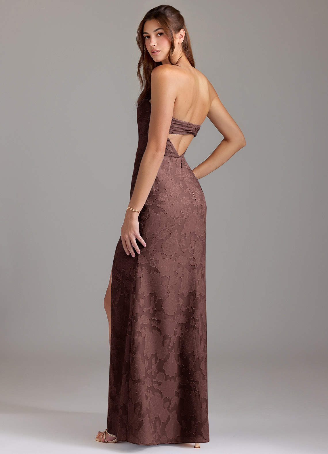 Leonis Sheath Strapless Floral Burnout Bridesmaid Dress in Espresso