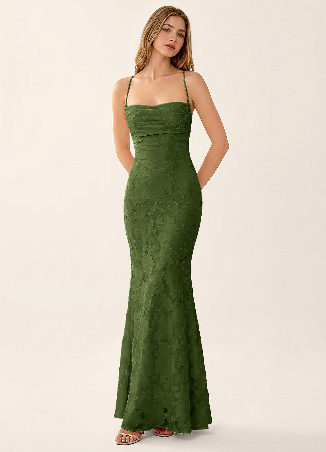 Natasha Mermaid Spaghetti-Strap Floral Burnout Evening Dress in Olive