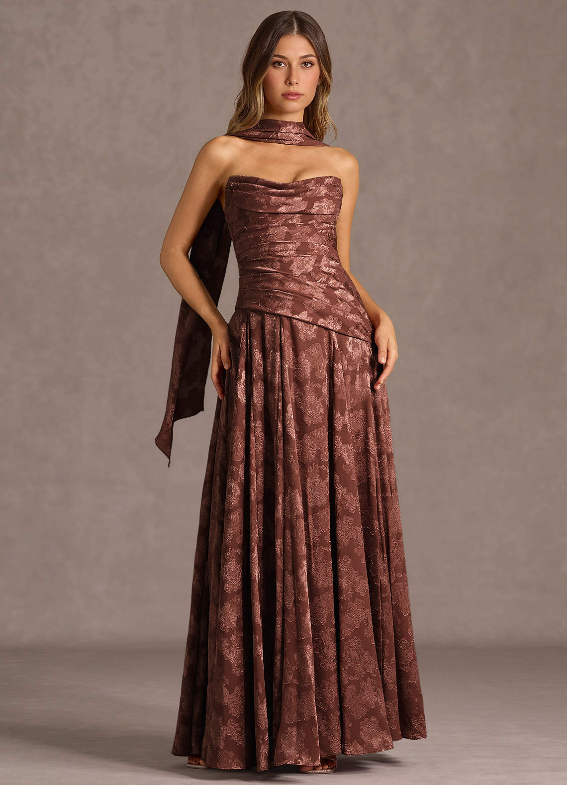 Gabriela A-Line Corset Fil Coupé Wedding Guest Dress in Mocha Coco