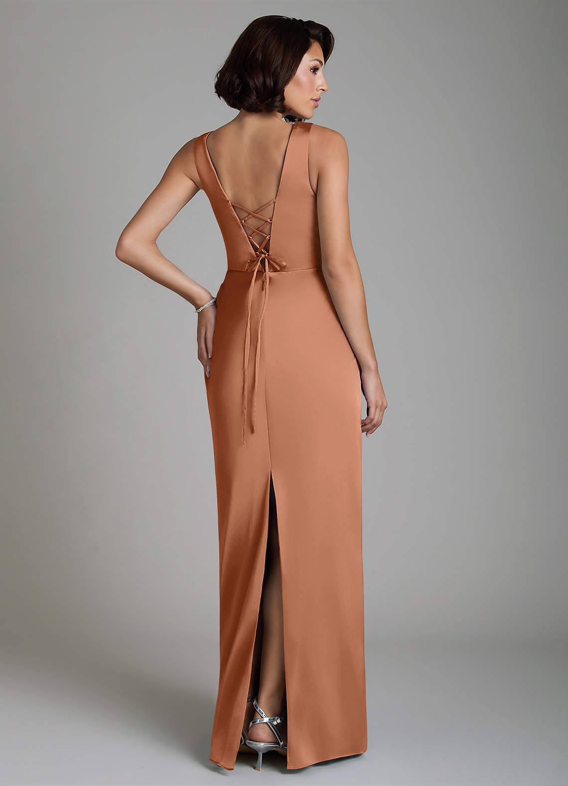 Vanya Sheath V-Neck Stretch Satin Bridesmaid Dress in Bronzer