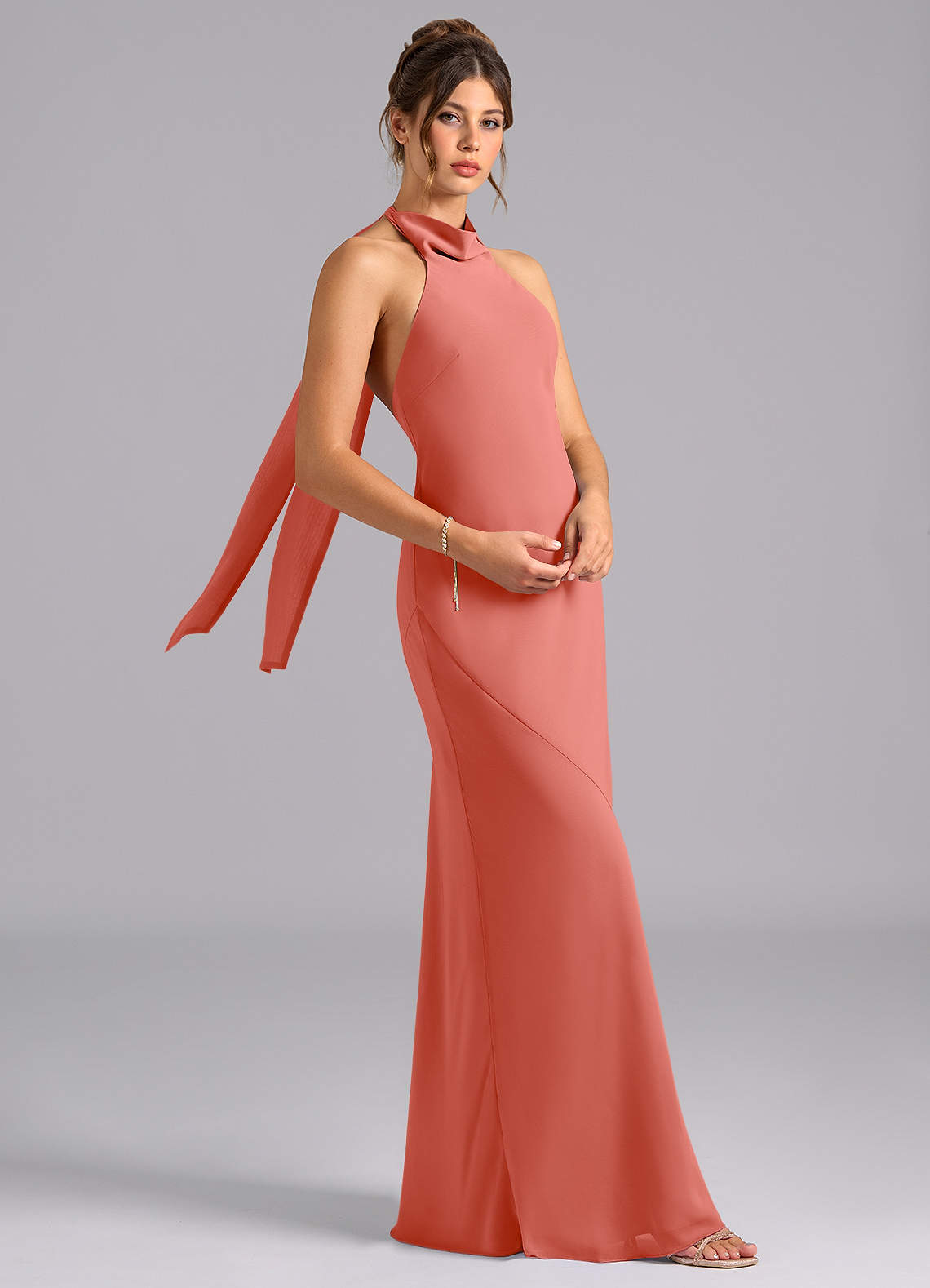 Velli Mermaid Halter Chiffon Bridesmaid Dress in Salmon Pink