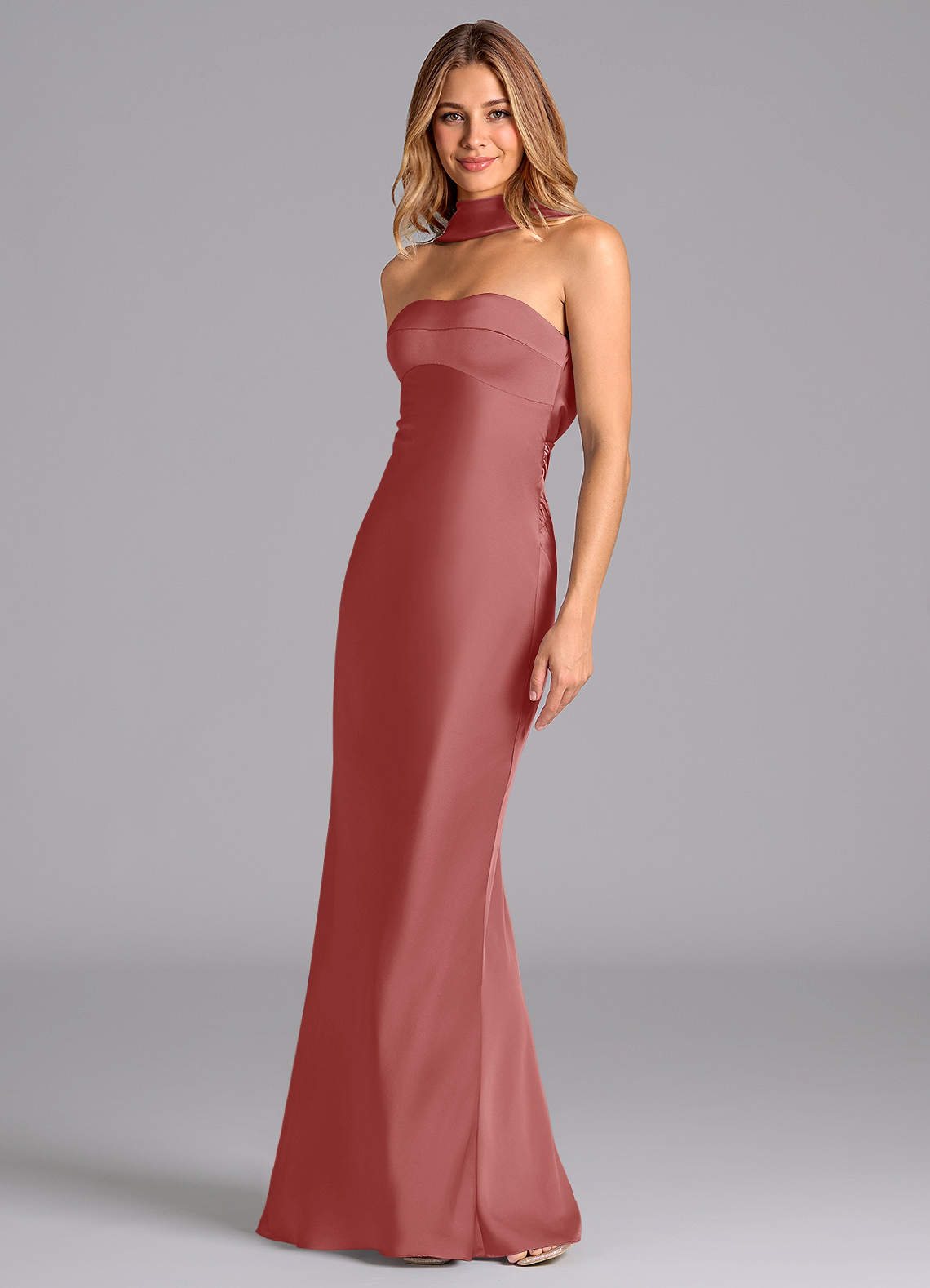 Lusinda Mermaid Strapless Stretch Satin Bridesmaid Dress in Antique Rose