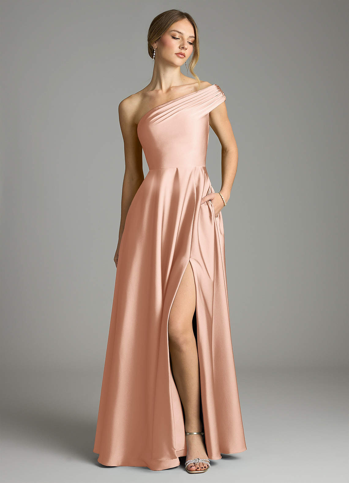 Melanie A-Line One-Shoulder Stretch Satin Bridesmaid Dress in rose gold