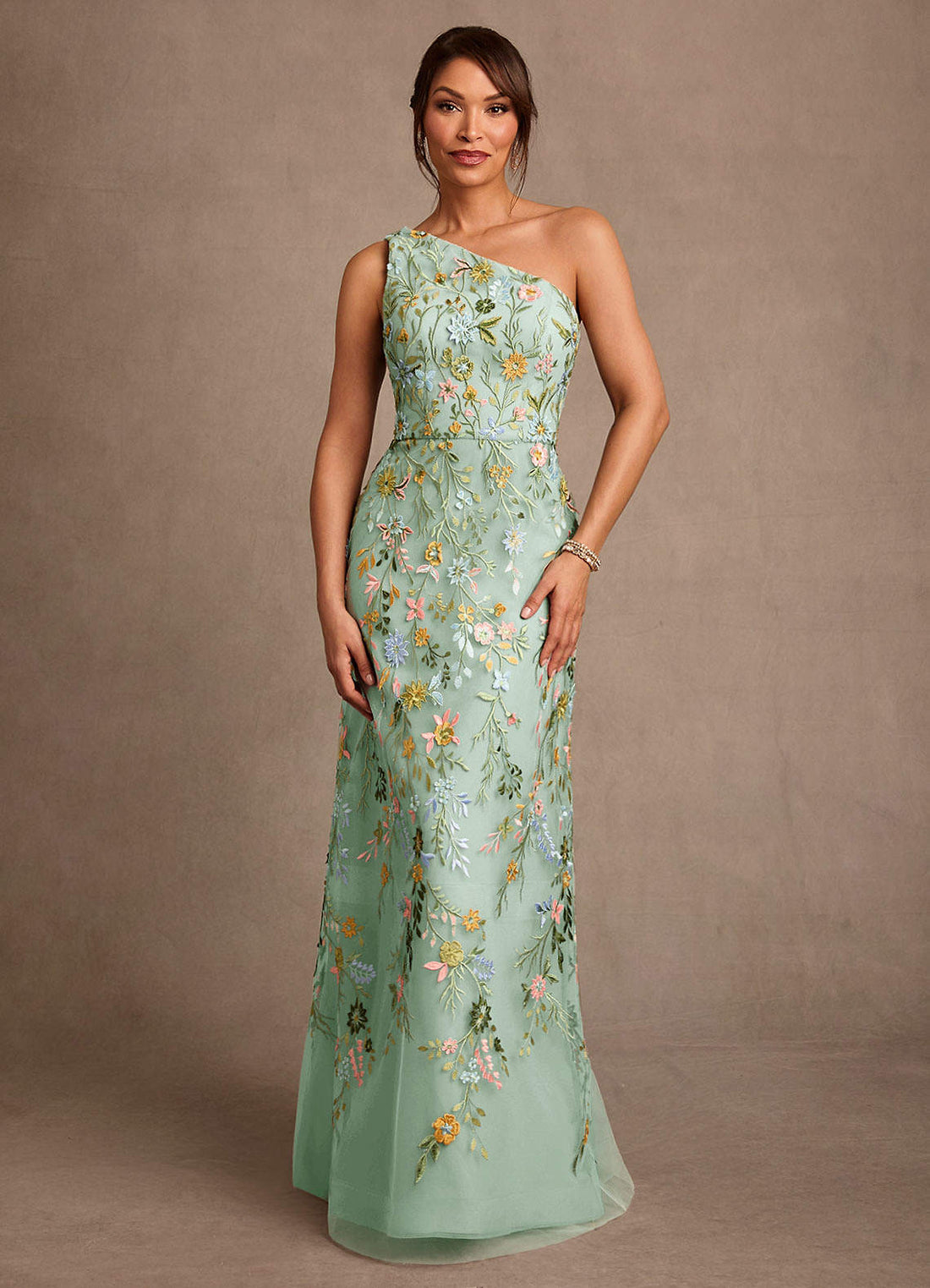 Bertie A-Line One-Shoulder Lace Mother of the Bride Dress in Powder Pink