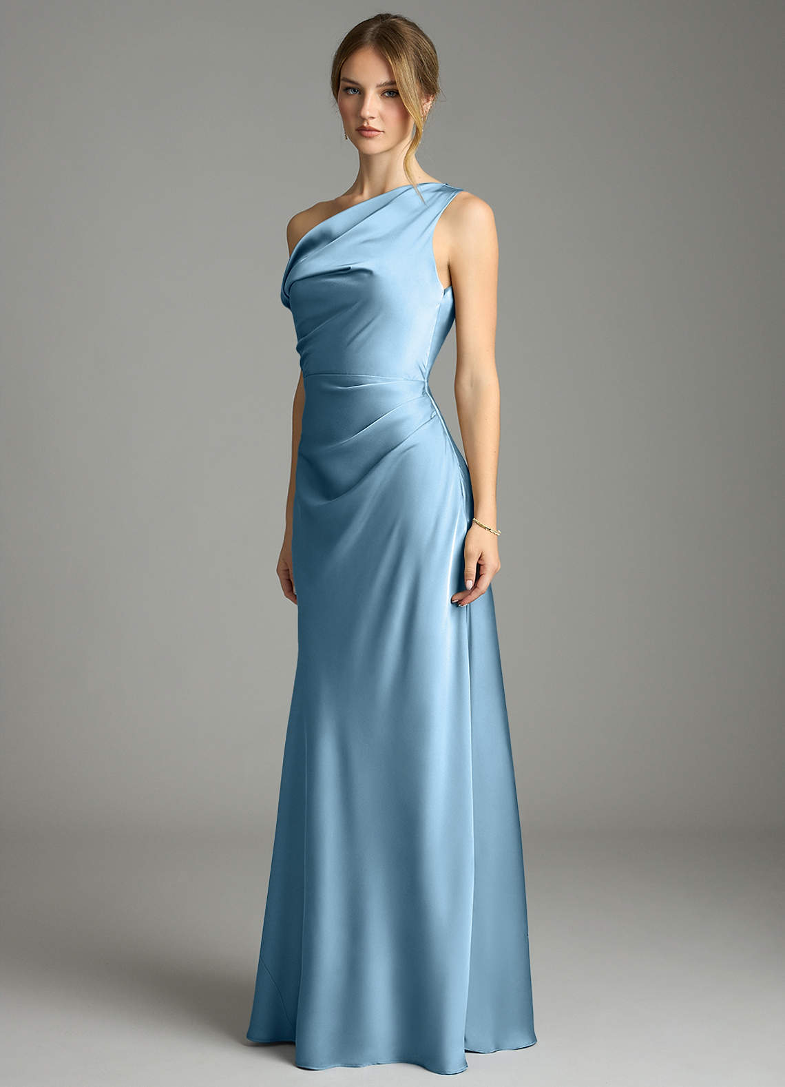 Emerson Mermaid One-Shoulder Stretch Satin Bridesmaid Dress in Steel Blue