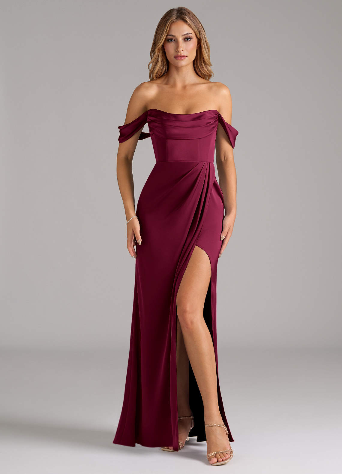Johana Mermaid Off-the-Shoulder Stretch Satin Bridesmaid Dress in Burgundy