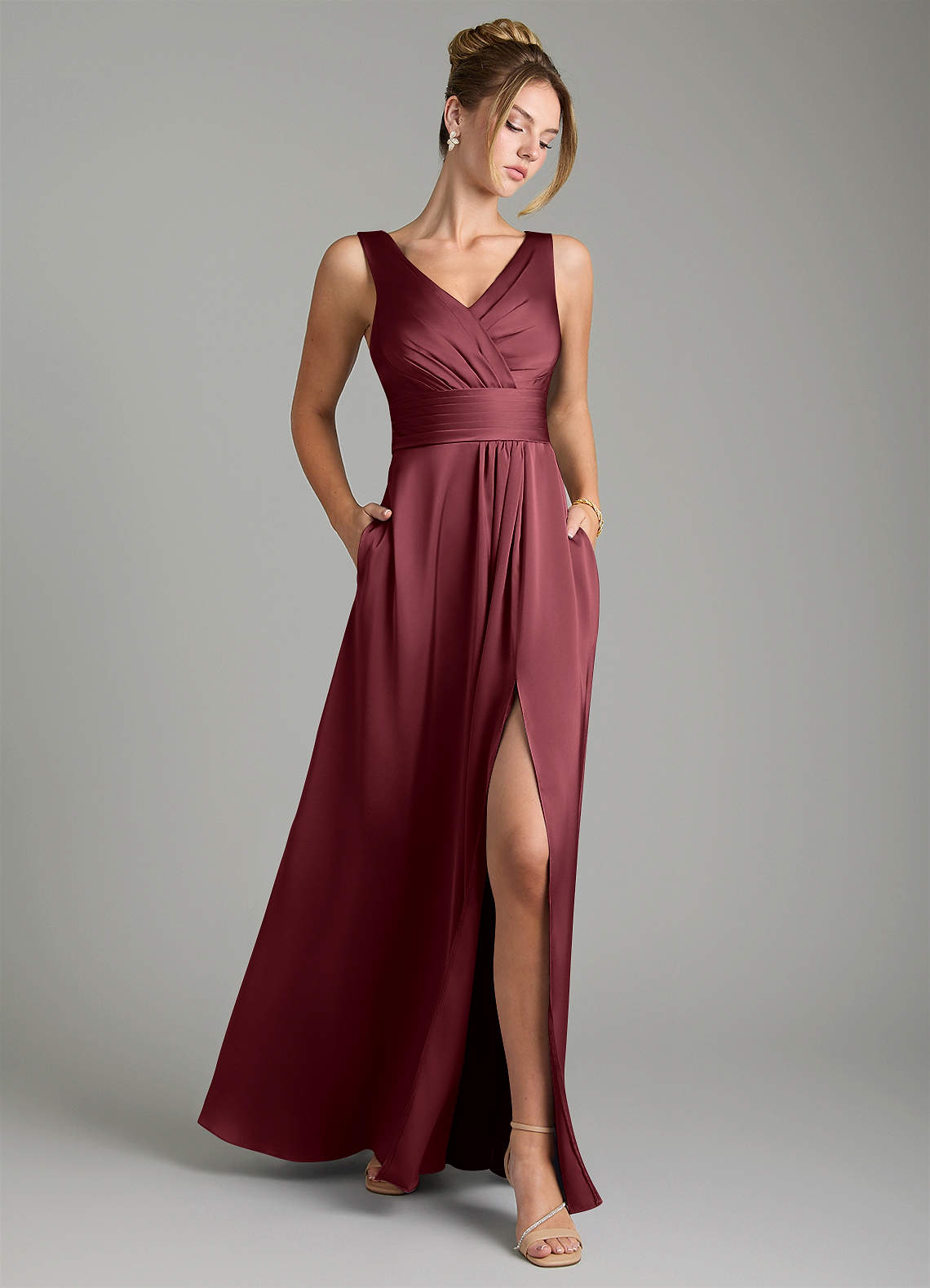 Karina A-Line V-Neck Stretch Satin Bridesmaid Dress in Merlot