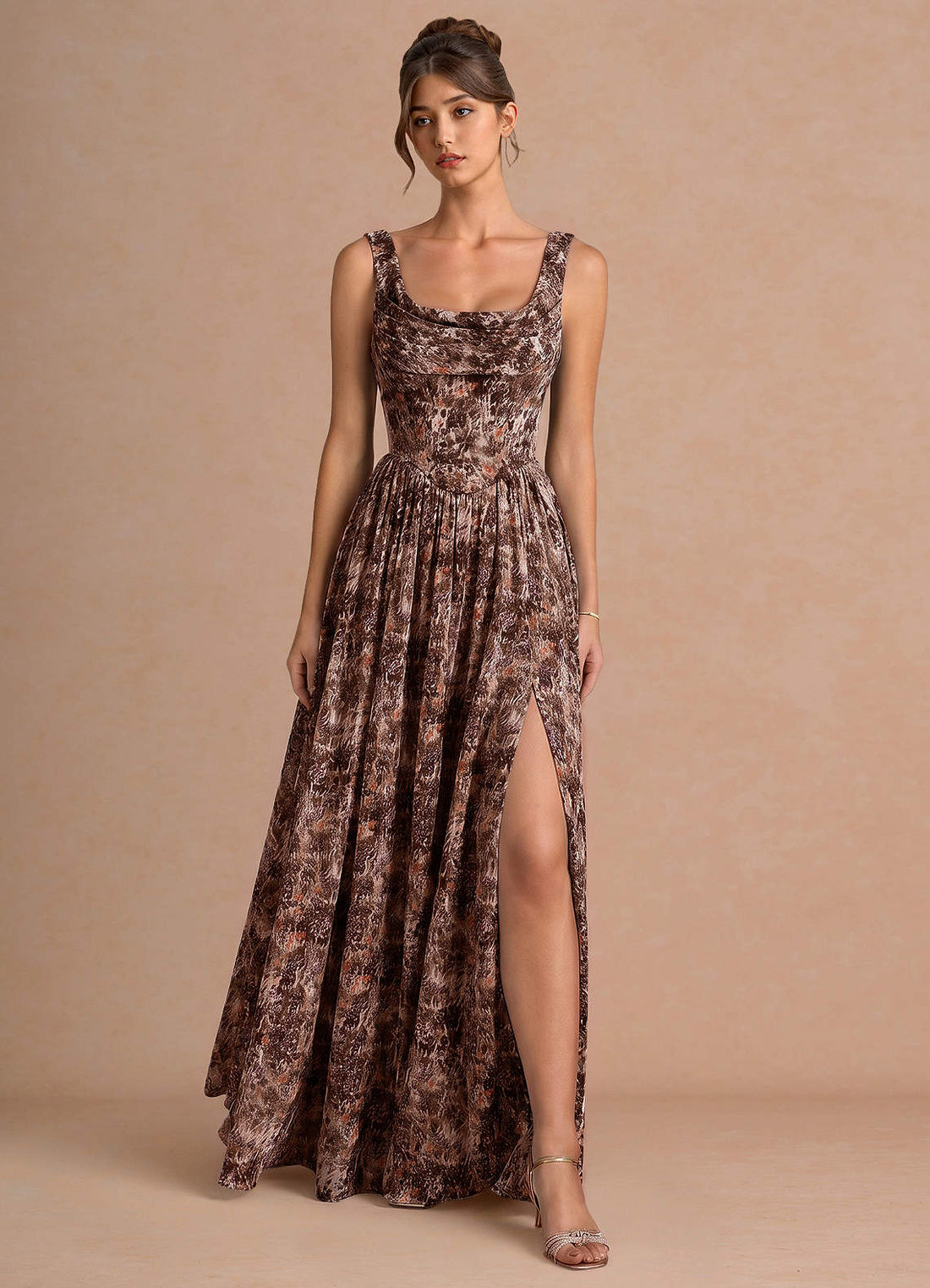 Aurore A-Line Cowl-Neck Chiffon Wedding Guest Dress in Truffle