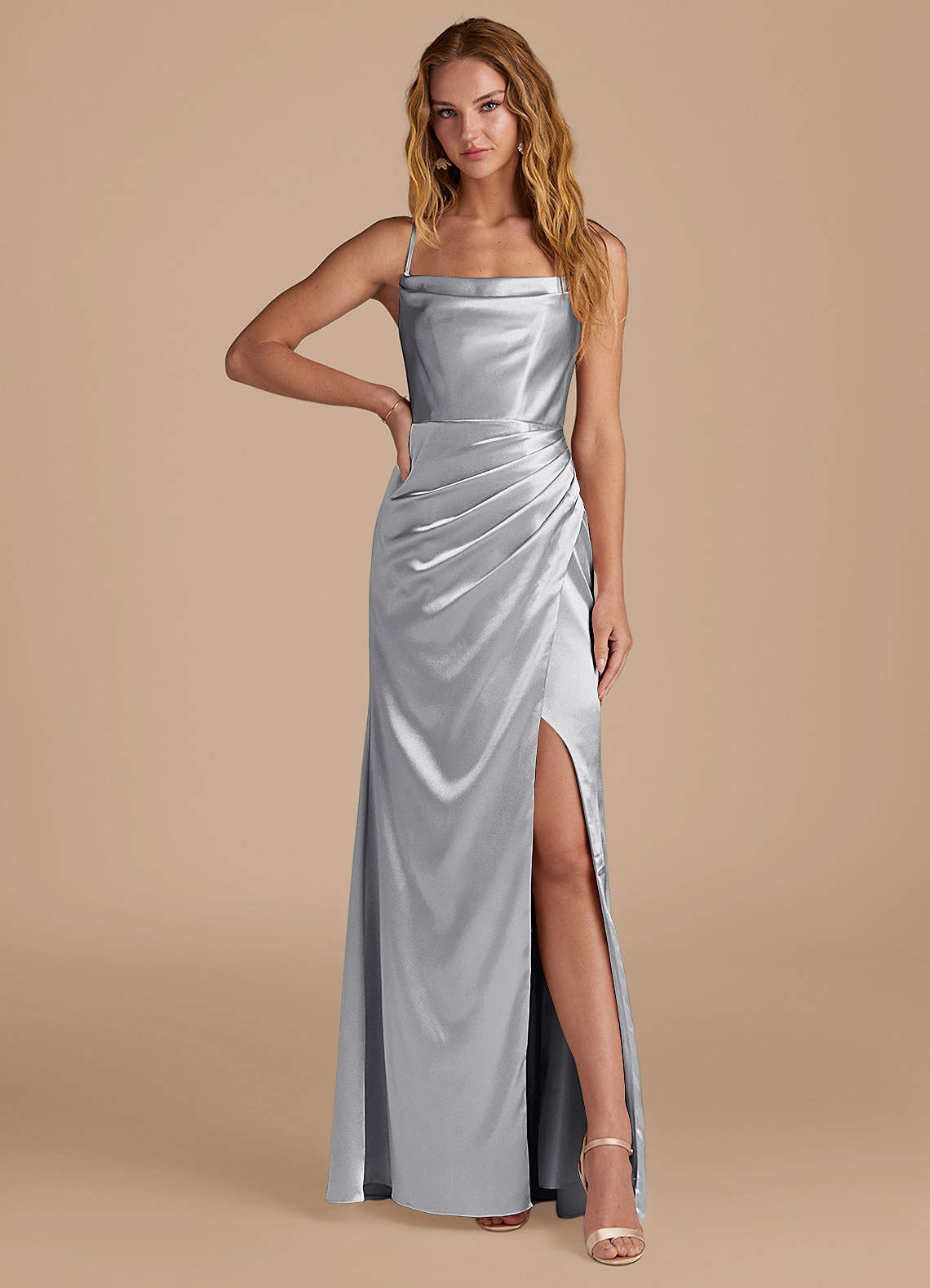 Marzia Mermaid Square-Neck Metallic Satin Bridesmaid Dress in Silver