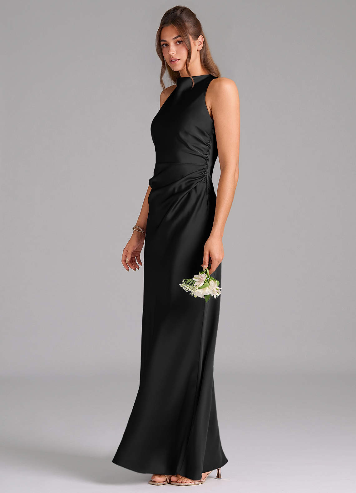 Evadne Sheath Scoop-Neck Stretch Satin Bridesmaid Dress in black