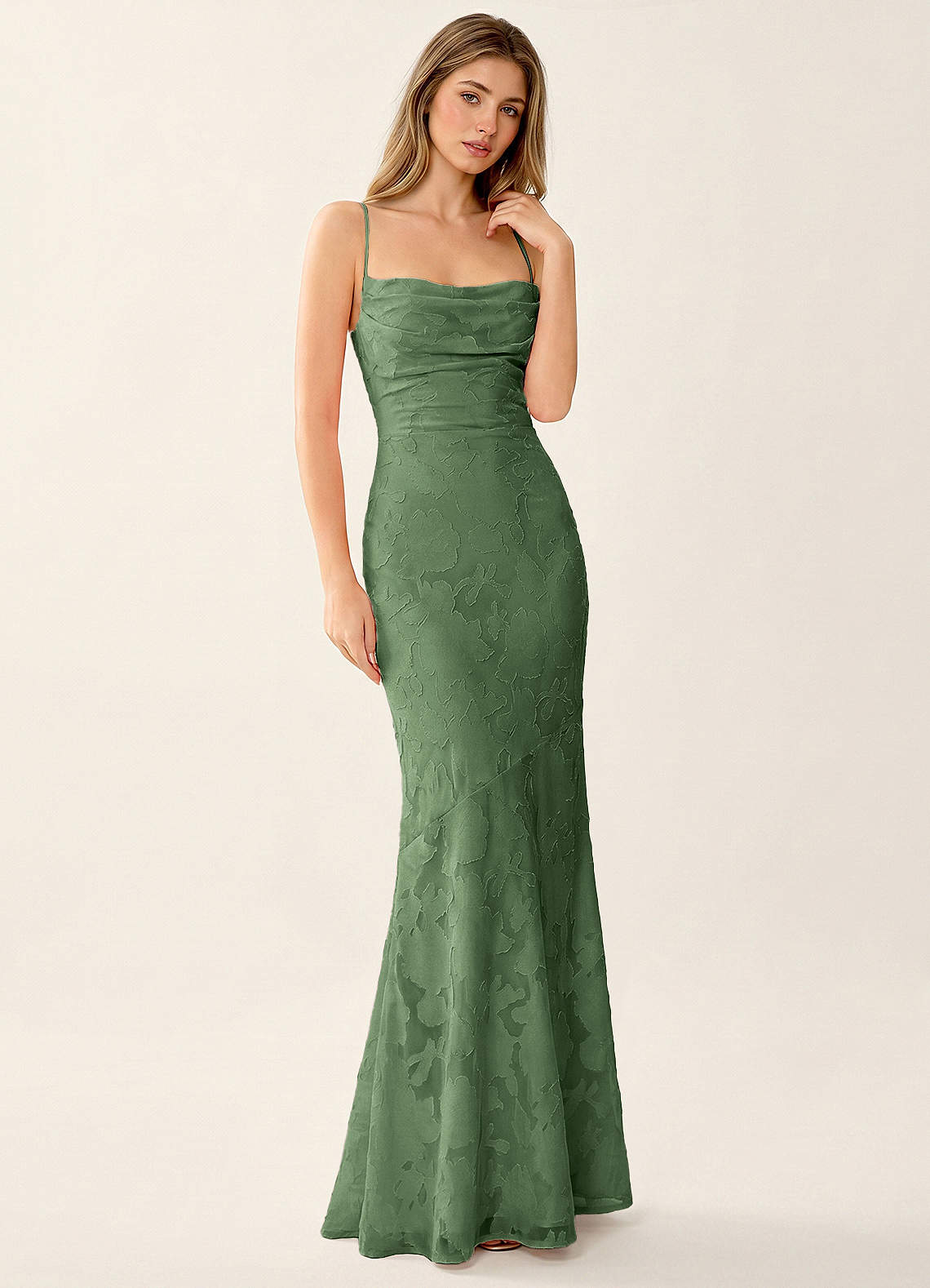 Natasha Mermaid Spaghetti-Strap Floral Burnout Evening Dress in Burgundy