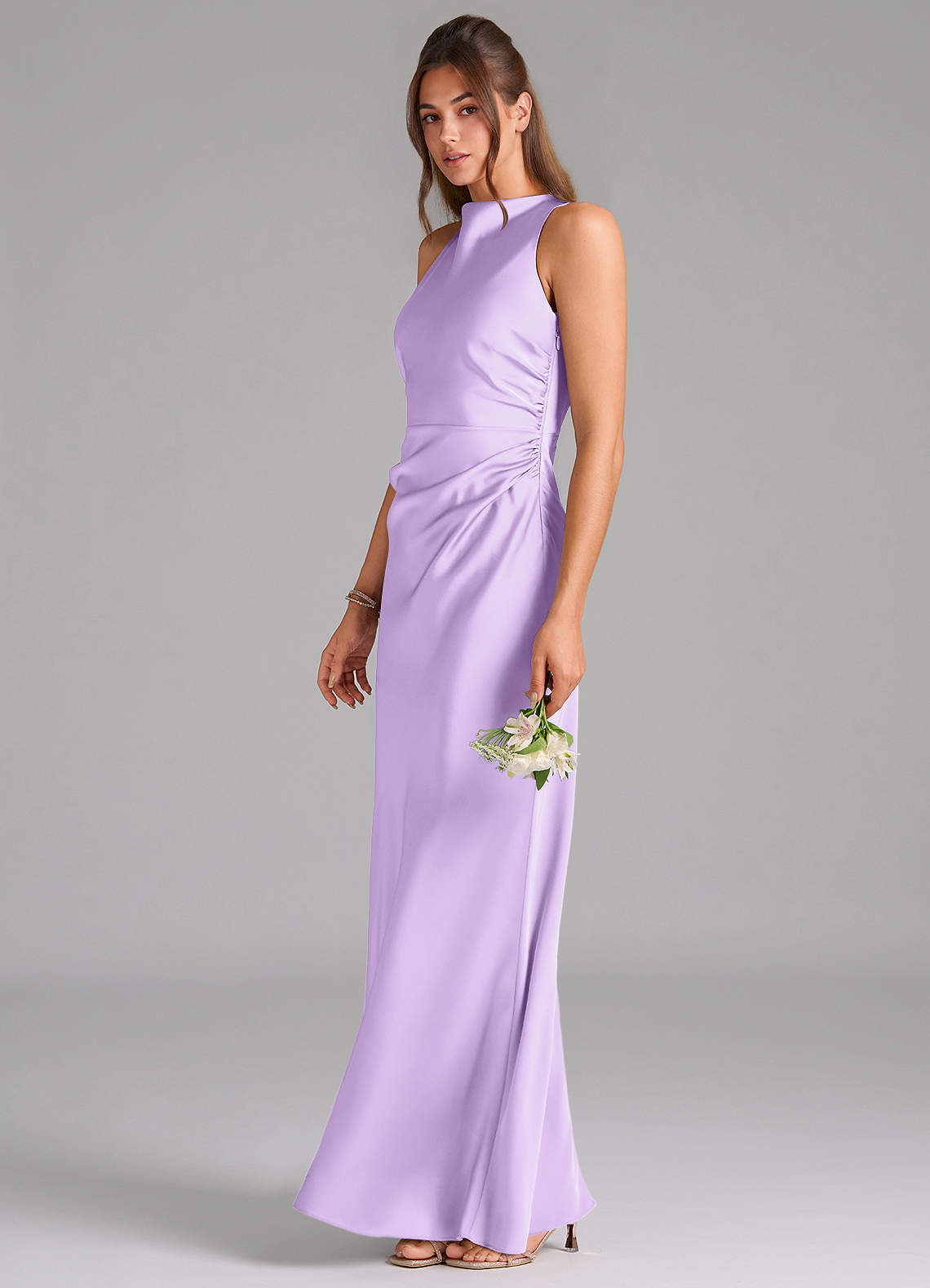 Evadne Sheath Scoop-Neck Stretch Satin Bridesmaid Dress in Lilac