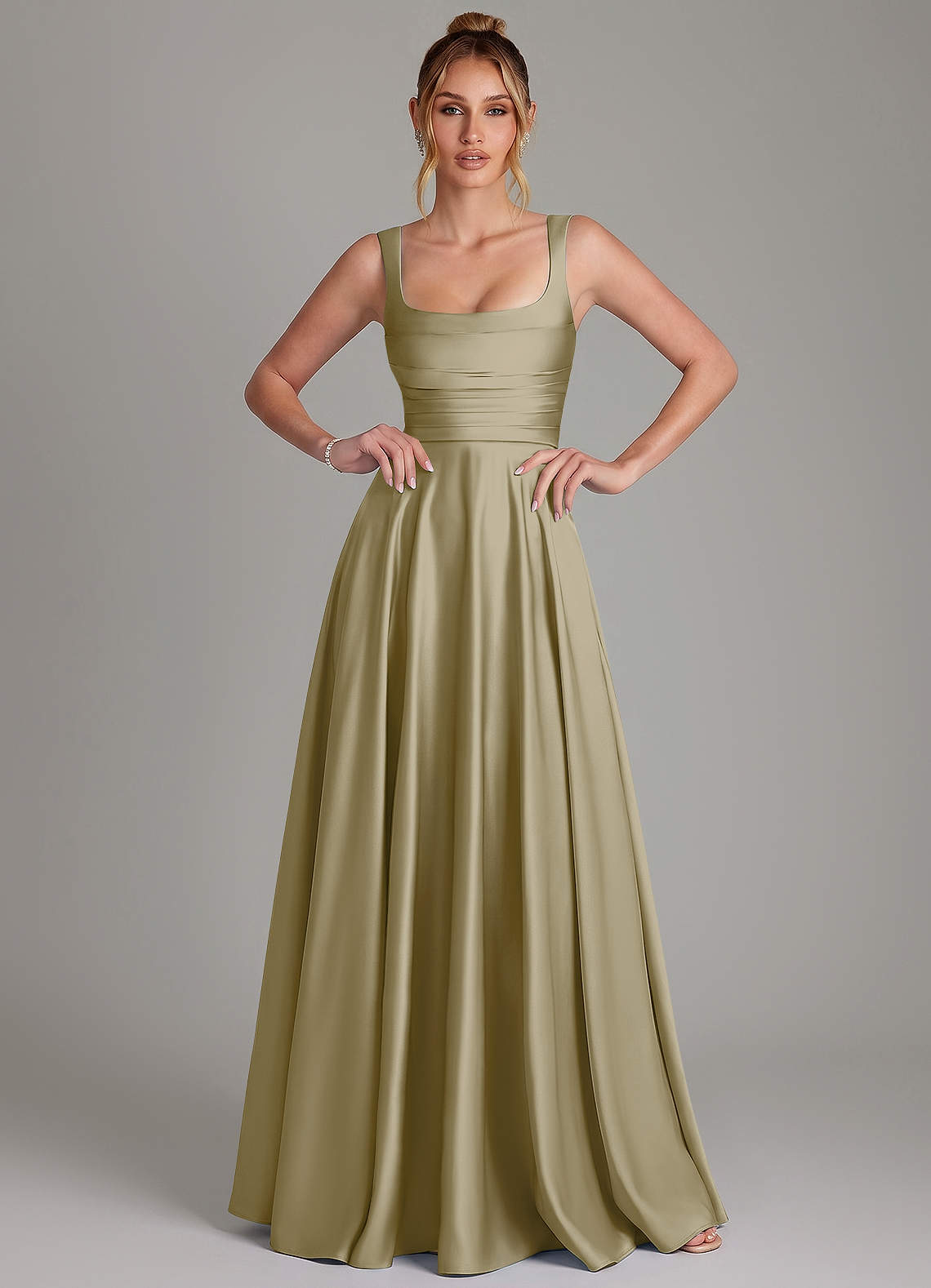 Azaria A-Line Square-Neck Stretch Satin Bridesmaid Dress in Moss Green