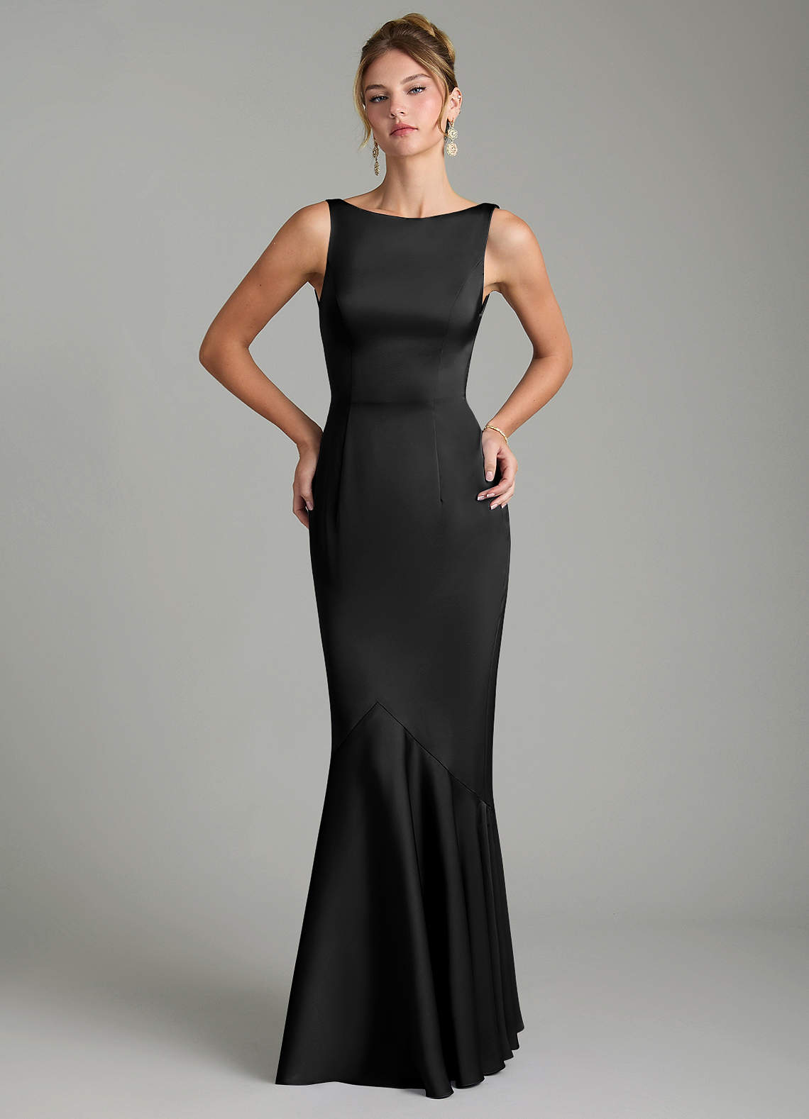 Tamera Mermaid Boat-Neck Stretch Satin and Chiffon Bridesmaid Dress in black