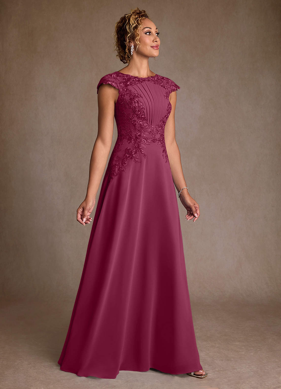 Christi A-Line Scoop-Neck Chiffon and Lace Mother of the Bride Dress in Mulberry