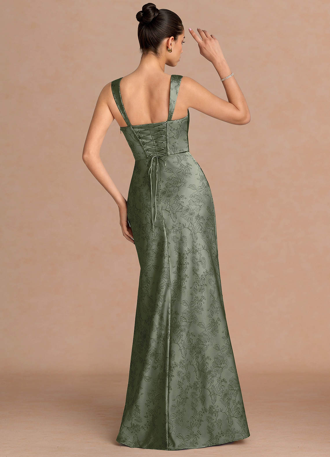 Agustina Square-Neck Pleated Jacquard Evening Dress in Sage Blue