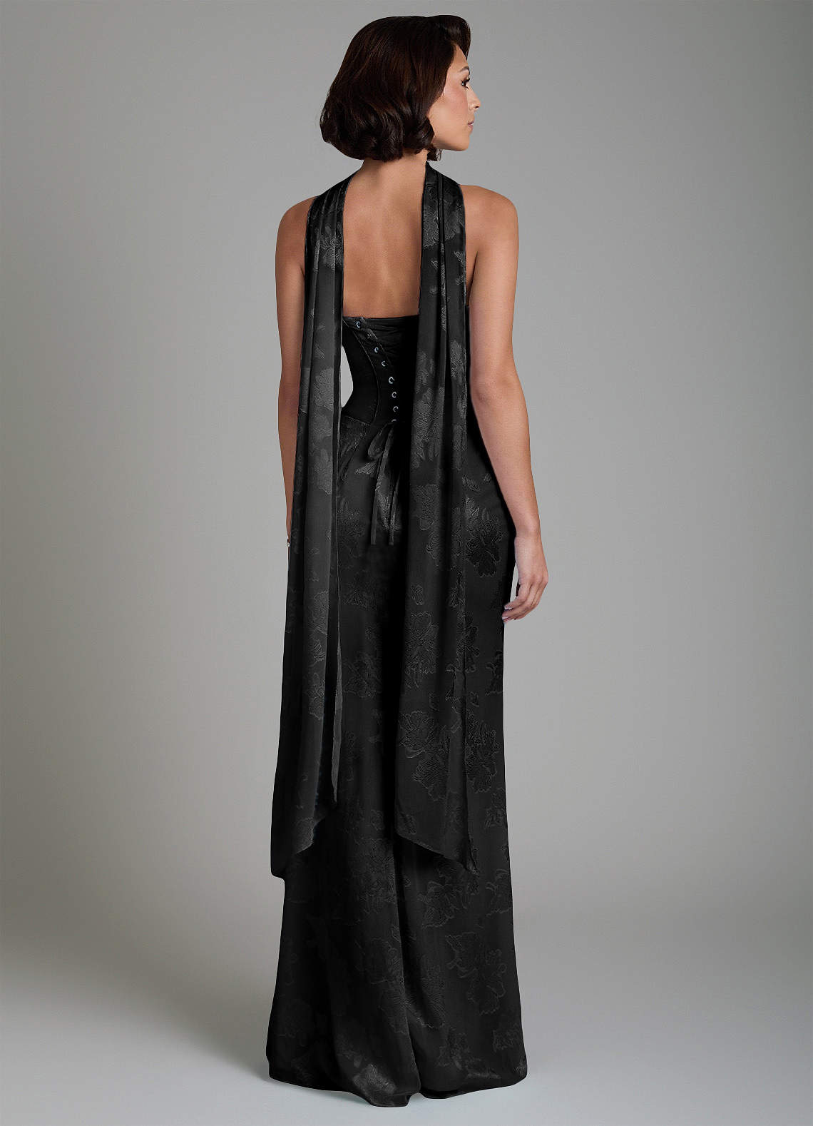 Ariah Mermaid Cowl-Neck Jacquard Bridesmaid Dress in Black