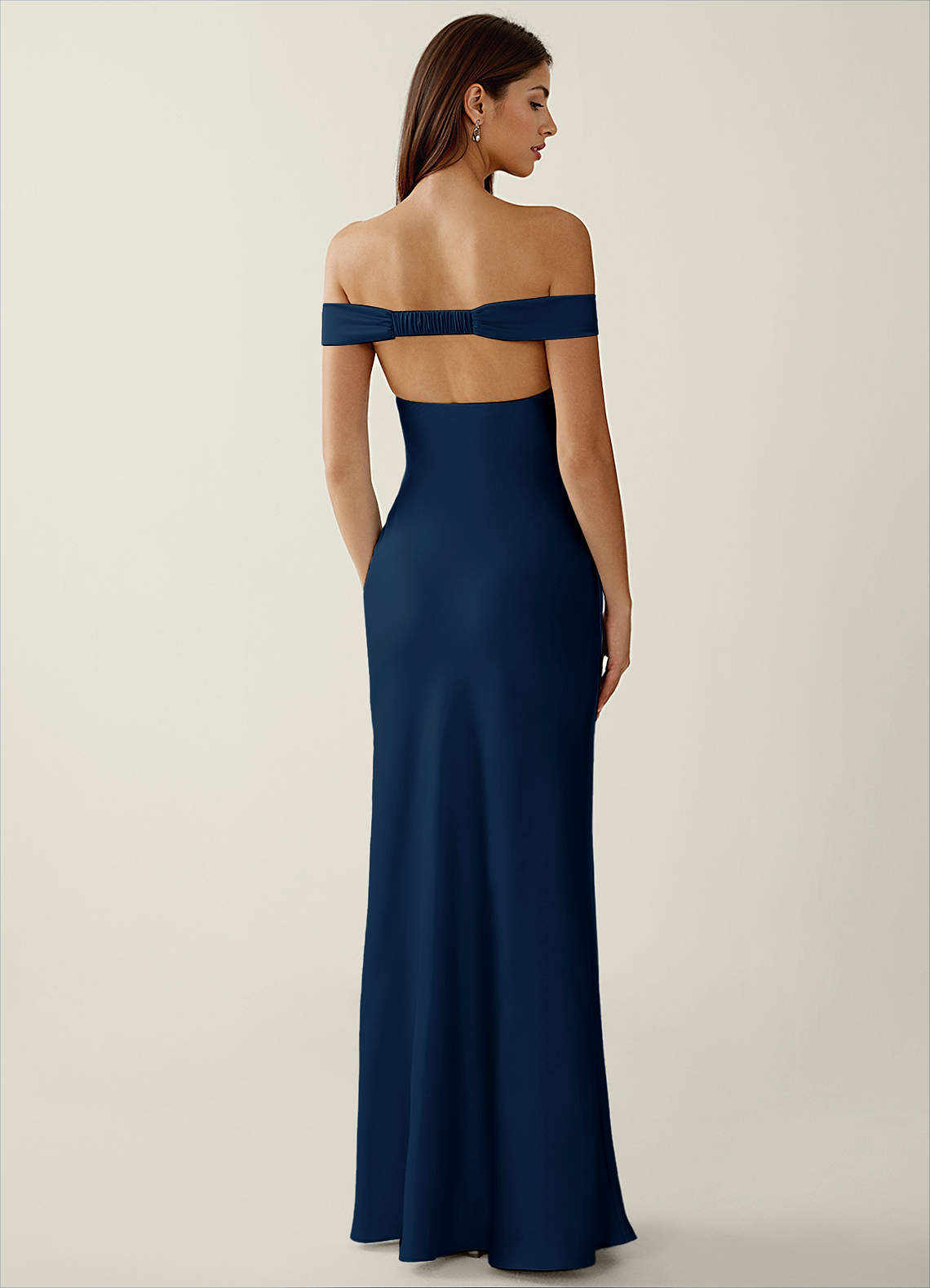 Gwendonme Sheath Off-the-Shoulder Satin Crystal Linen Evening Dress in Navy
