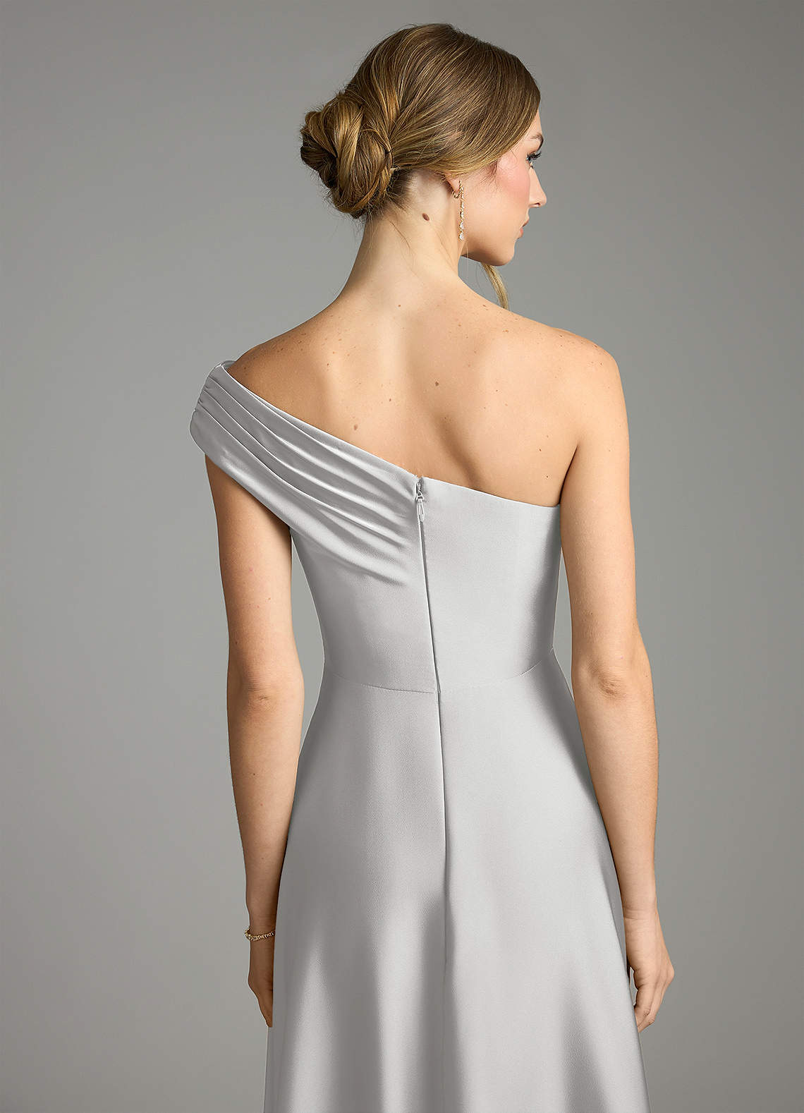 Melanie A-Line One-Shoulder Stretch Satin Bridesmaid Dress in Silver
