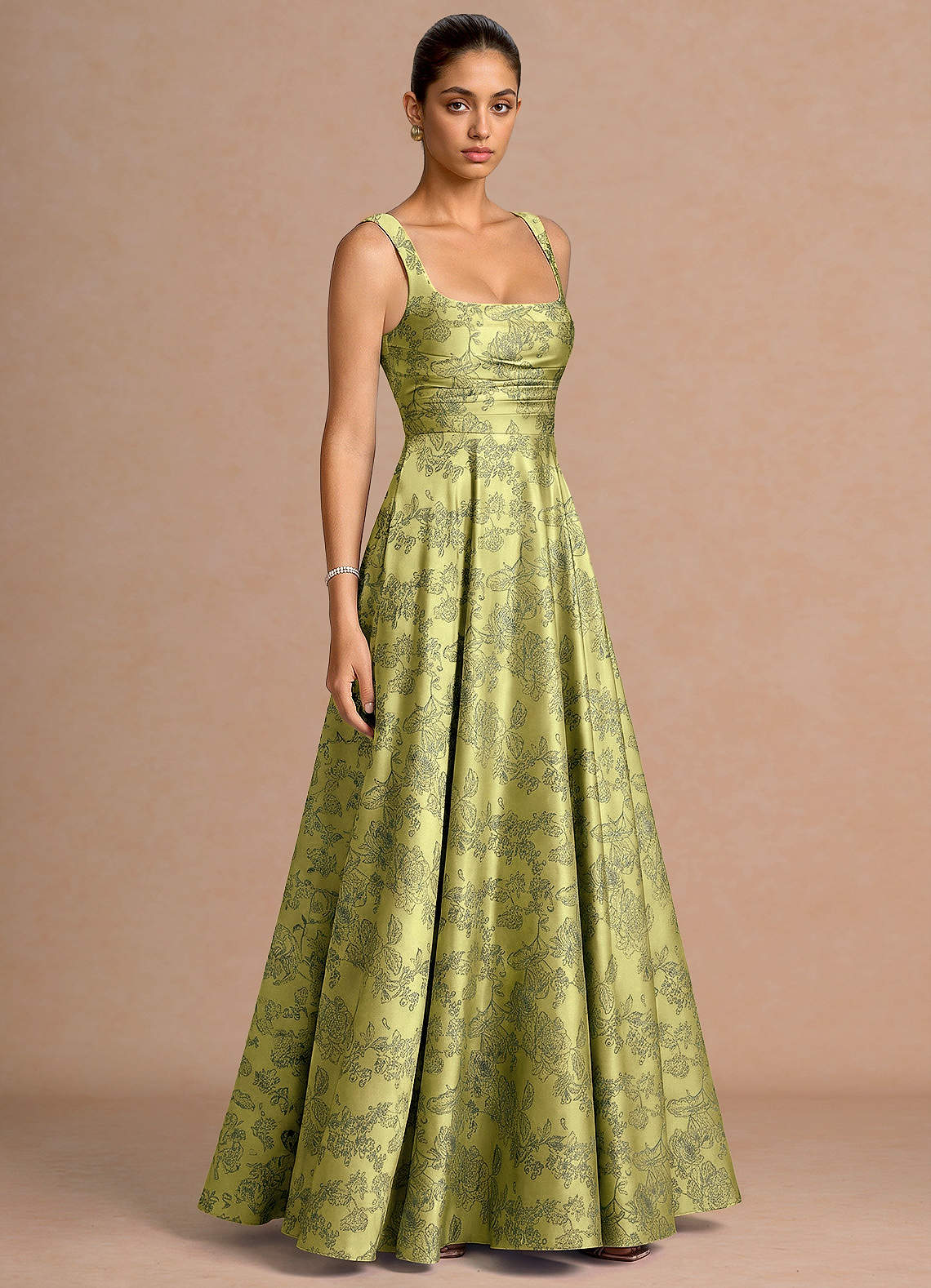 Azaria A-Line Square-Neck Jacquard Evening Dress in Moss Navy