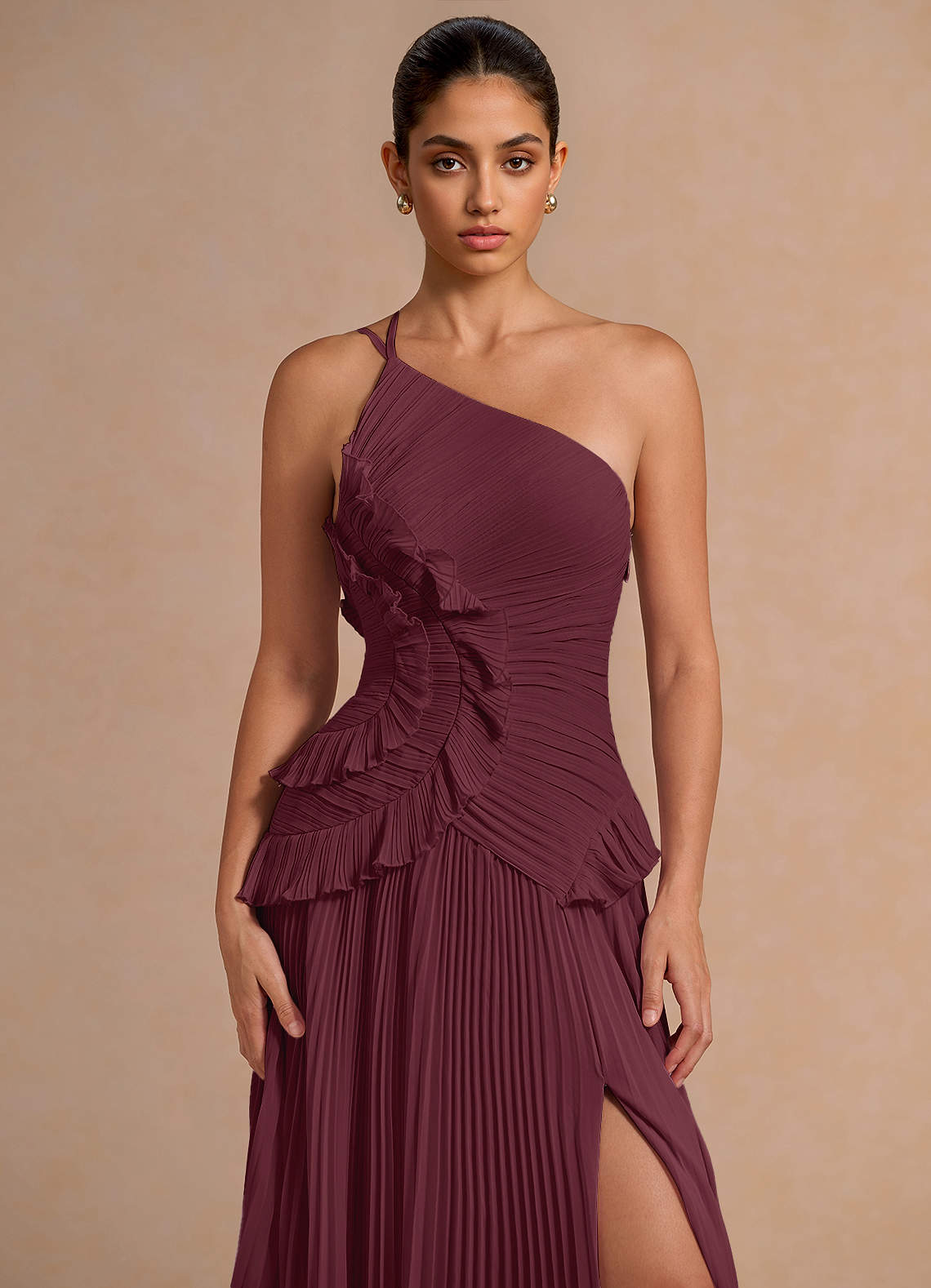 Melody A-Line One-Shoulder Chiffon Evening Dress in Wine