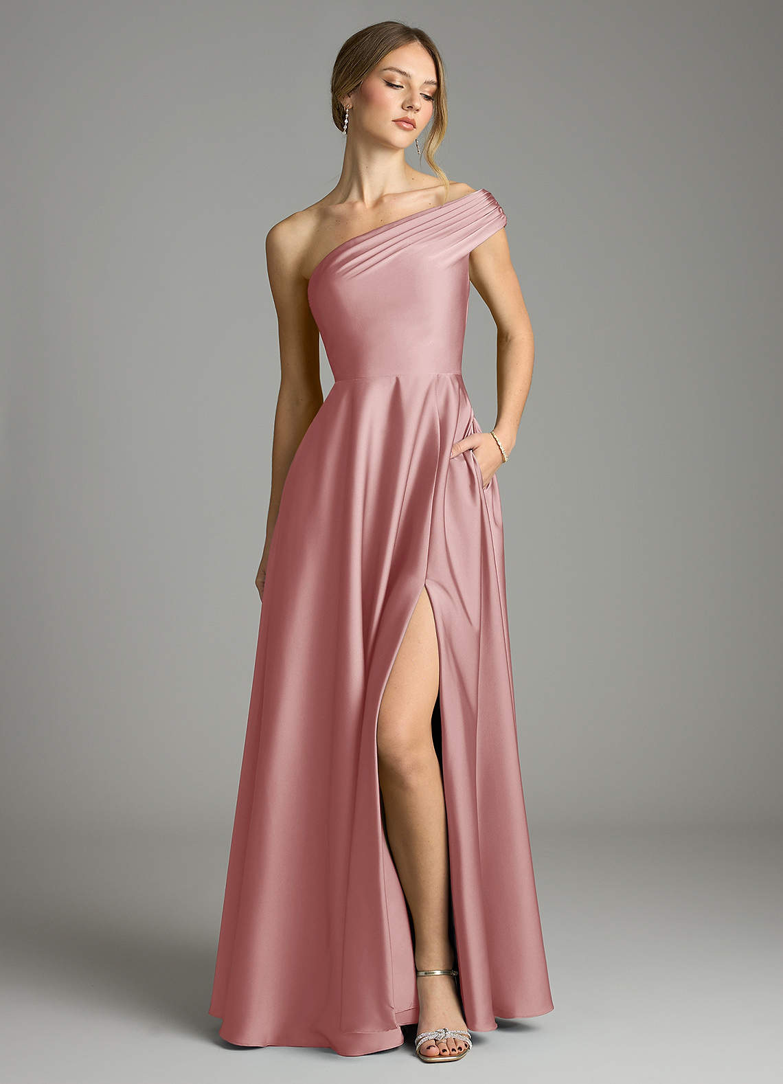 Melanie A-Line One-Shoulder Stretch Satin Bridesmaid Dress in dusty rose